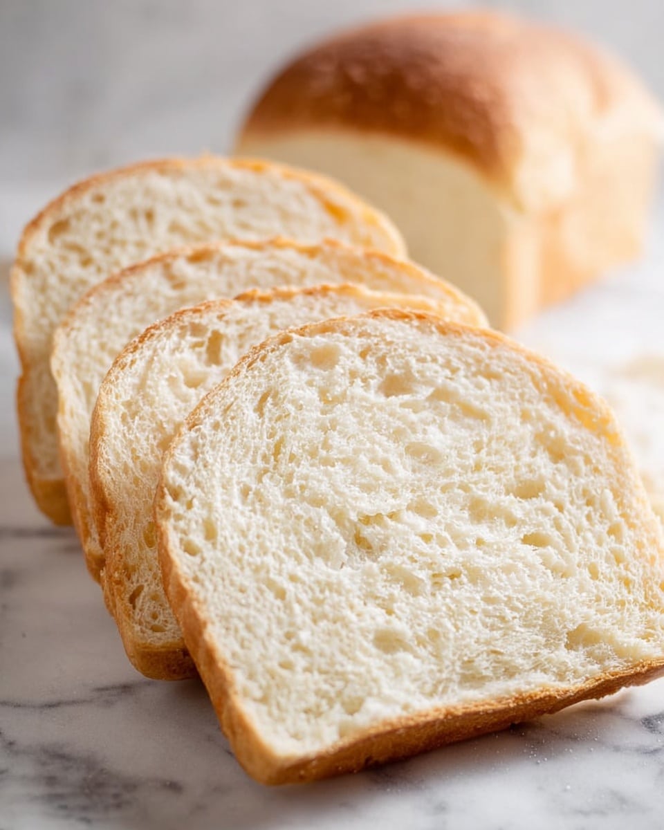 The image shows a loaf of bread with three slices cut from it, arranged in a slightly overlapping way on a white marbled surface. Each slice displays a light golden crust on top with a soft, airy, off-white inside full of small holes and a fluffy texture. The loaf behind the slices has a smooth, light brown crust with a soft interior visible at the cut end, all resting naturally on the marbled texture. Photo taken with an iphone --ar 4:5 --v 7