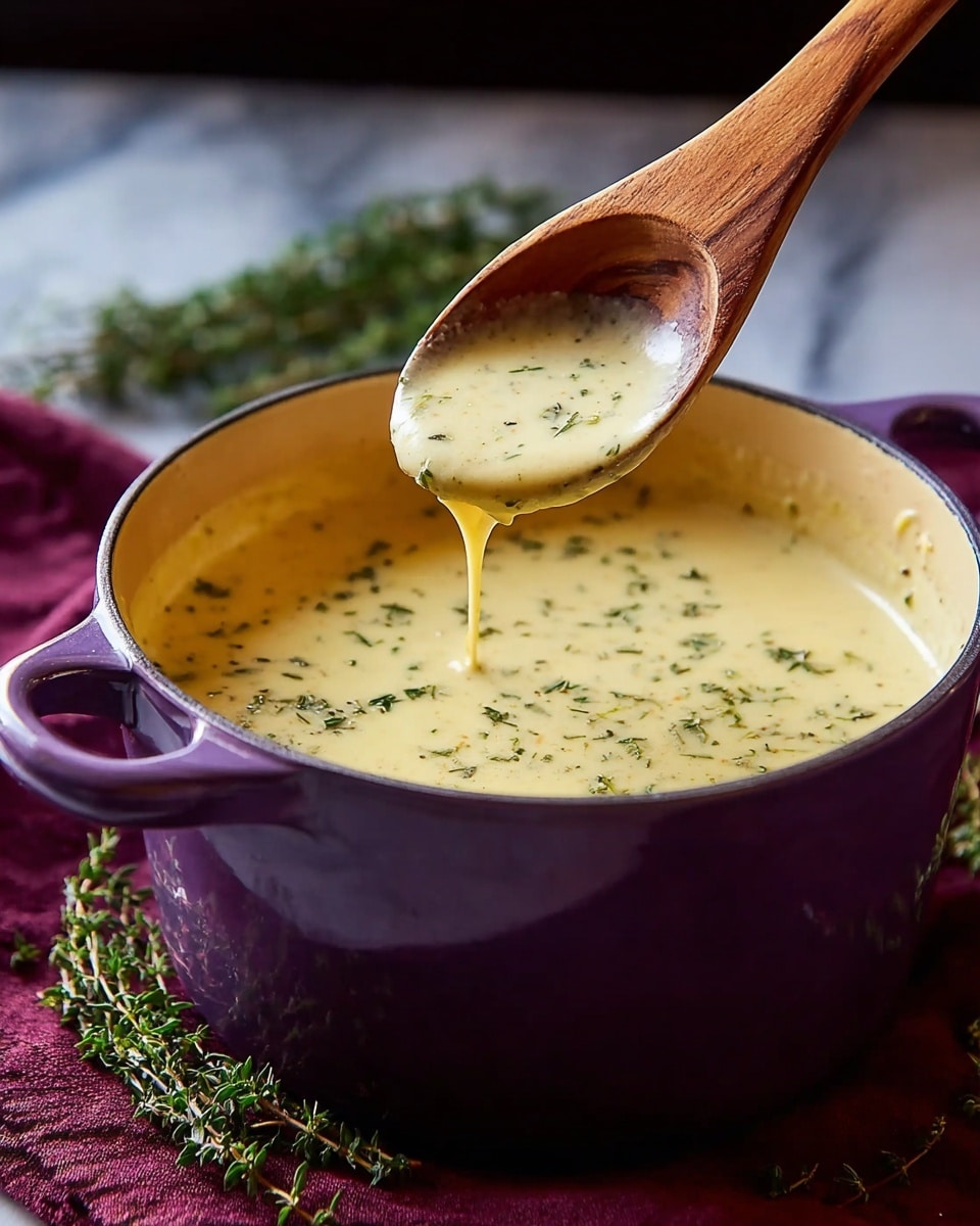 A close-up image of a wooden spoon lifting creamy, yellow soup from a round purple pot resting on a white marbled surface with a purple cloth underneath. The soup is smooth and thick, speckled with small green herb pieces scattered on top. The pot has a shiny finish and two small handles on its sides. The wooden spoon is held above the pot, dripping some soup back into it. Photo taken with an iphone --ar 4:5 --v 7