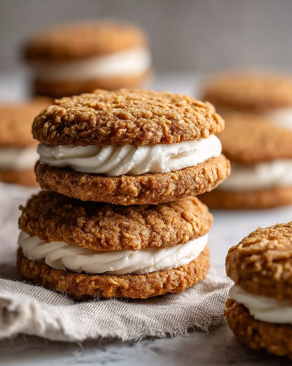 The image shows a close-up of two oatmeal cream sandwich cookies stacked on top of each other. Each cookie has two rough-textured, golden-brown oatmeal cookies with a thick layer of smooth, white cream filling in the middle. The cookies look slightly crunchy with visible oats and a soft, creamy center. More similar cookies are blurred in the background, all placed on a white marbled surface with a piece of textured cloth near the bottom left. A small crumb is visible on the surface near the front cookie. photo taken with an iphone --ar 4:5 --v 7