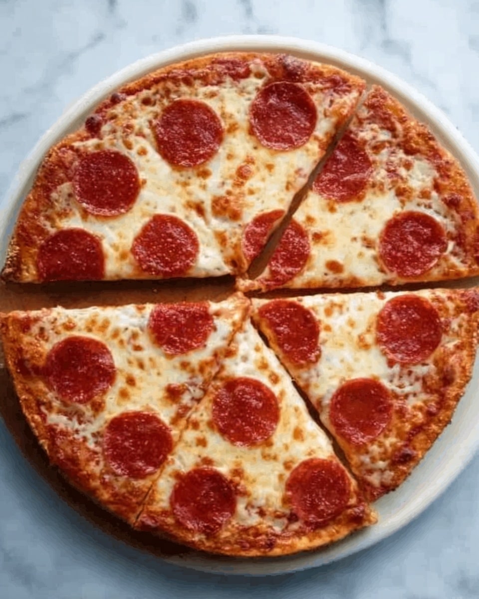 A round pepperoni pizza with a golden brown crust sits on a white marble surface; the pizza is cut into eight slices, showing melted cheese in light yellow with slightly browned spots, topped evenly with shiny red pepperoni slices. Photo taken with an iphone --ar 4:5 --v 7