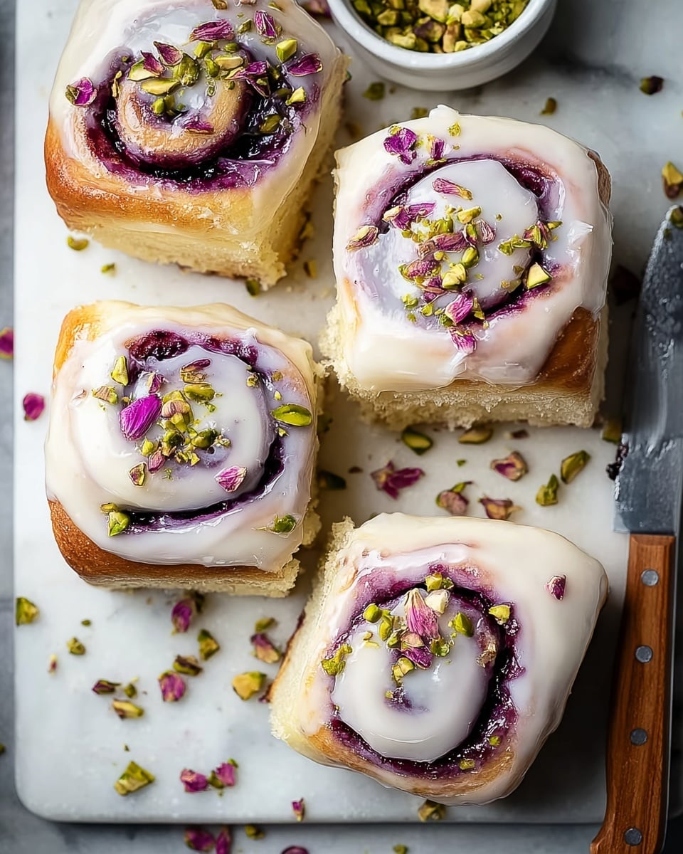 Four square-shaped rolls with a soft golden-brown base sit on a white tray with a white marbled texture. Each roll has a thick swirl of smooth white icing that wraps around a glossy deep purple jam in the center. The jam is topped with small green chopped pistachios scattered evenly. Around the rolls, there are small bits of pistachio and a few dried dark pink rose petals. One roll at the bottom right has a small bite taken out, showing the soft, light inside. photo taken with an iphone --ar 4:5 --v 7