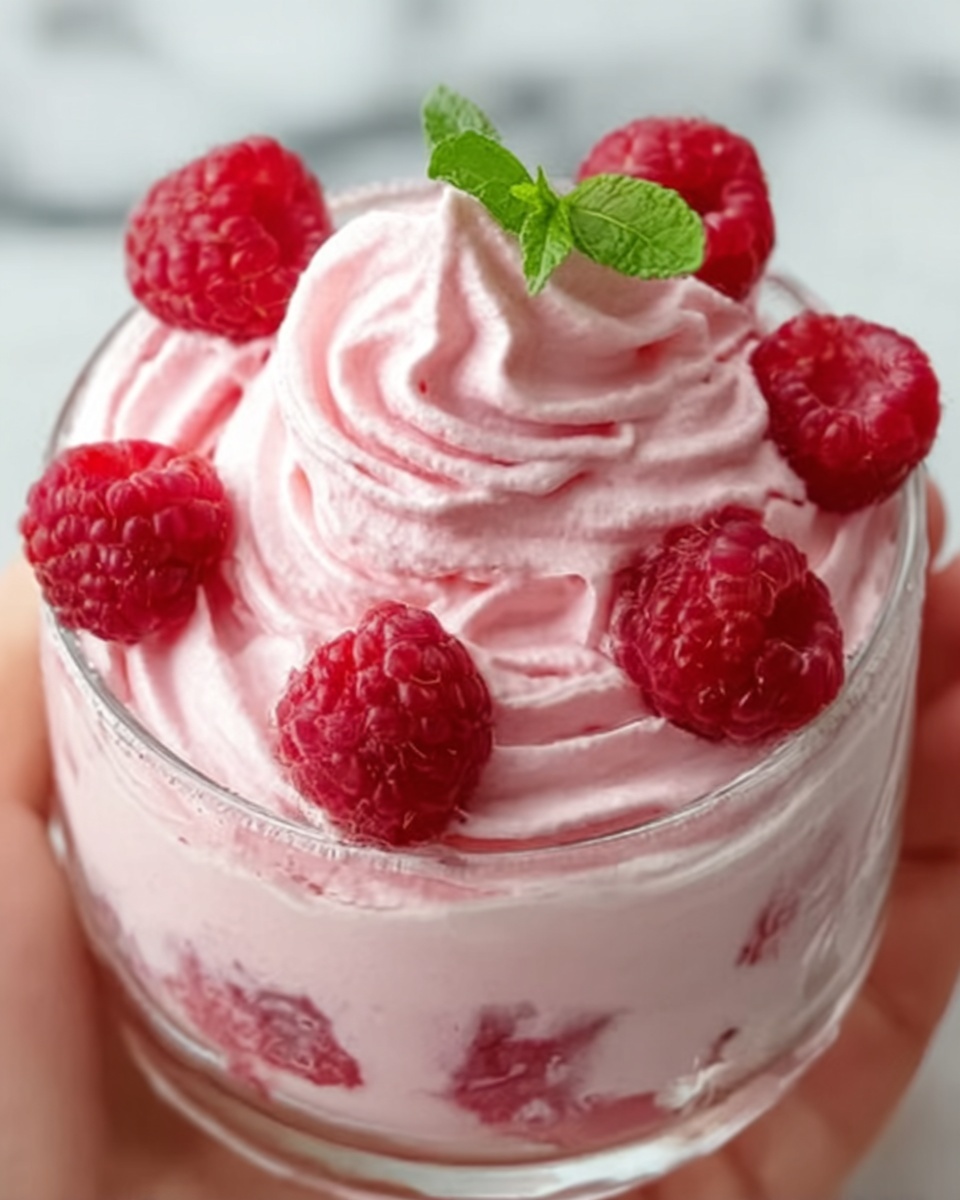 A white bowl filled with a three-layer dessert, starting with a bottom layer of smooth pale pink cream mixed with small raspberry pieces, followed by a thick middle layer of light pink whipped cream swirled with raspberry bits, topped with a thick layer of bright pink whipped cream shaped into soft swirls. Fresh raspberries are placed on top in a small pile with a single small green mint leaf in the center. The bowl is set on a white marbled surface. photo taken with an iphone --ar 4:5 --v 7
