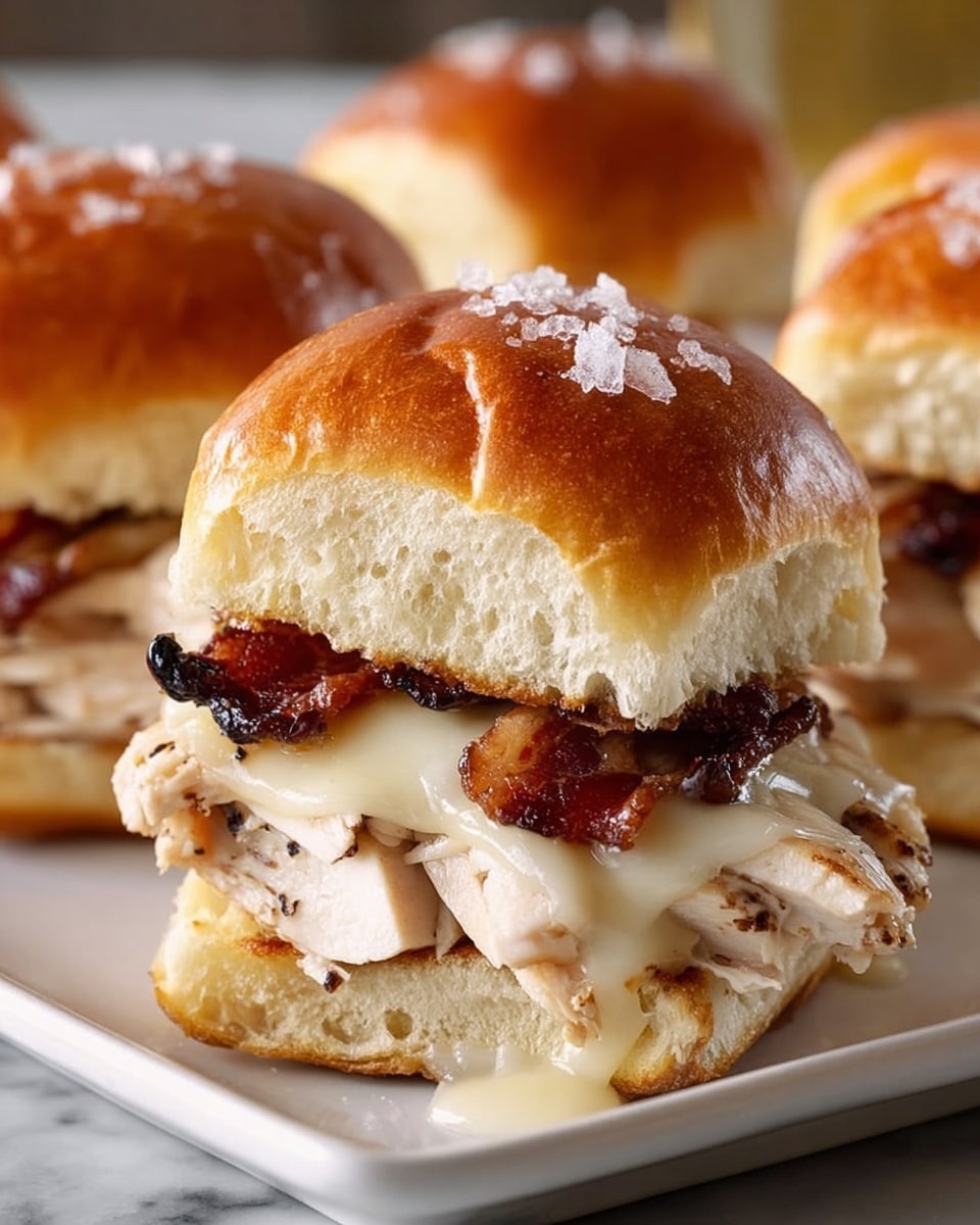 The image shows a close-up of a slider sandwich with three visible layers inside a soft, shiny, golden-brown bun sprinkled lightly with coarse salt on top. The bottom layer has a thick piece of grilled white chicken breast with a juicy and slightly charred texture. Above the chicken, there is a layer of crispy bacon with a deep brown color and curled edges. On top of the bacon, melted light yellow cheese drapes softly down the sides. The sandwich sits on a white plate with a metal fork beside it, all set on a white marbled surface. Photo taken with an iphone --ar 4:5 --v 7