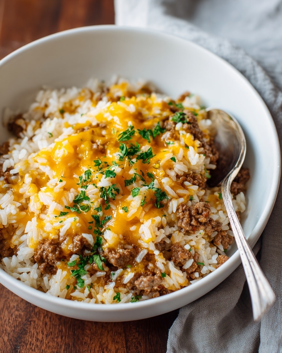 A white bowl filled with a layered dish of cooked white rice mixed evenly with browned ground beef pieces, topped with melted yellow cheddar cheese that is gooey and spread across the surface, and sprinkled with fresh chopped green parsley for color. A silver spoon is placed inside the bowl, and the bowl is set on a white marbled texture. photo taken with an iphone --ar 4:5 --v 7