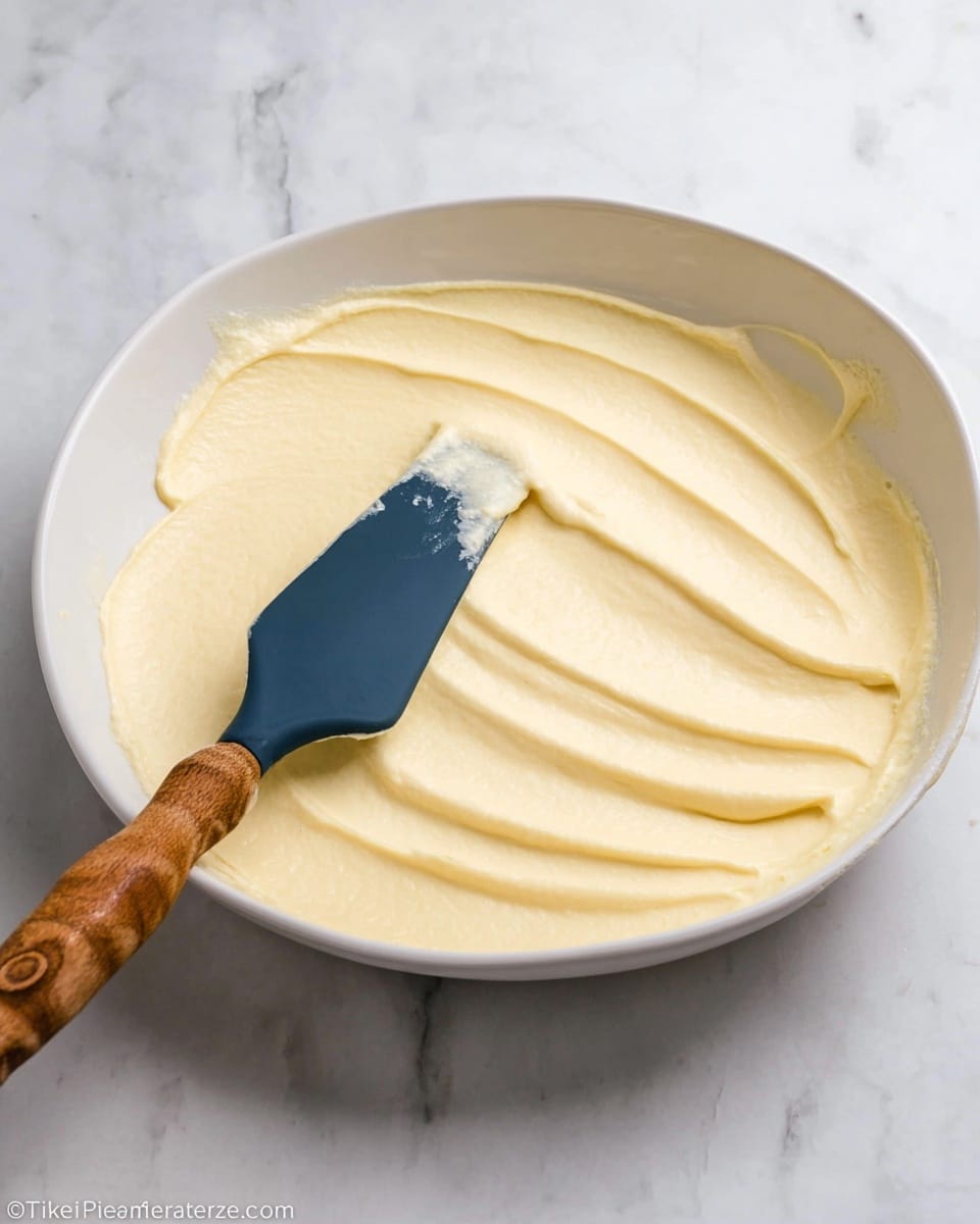 A white shallow bowl is filled with one smooth, creamy layer of light yellow batter or frosting, with visible soft texture lines made by a dark blue spatula with a wooden handle resting on the edge of the bowl, all placed on a white marbled surface. photo taken with an iphone --ar 4:5 --v 7