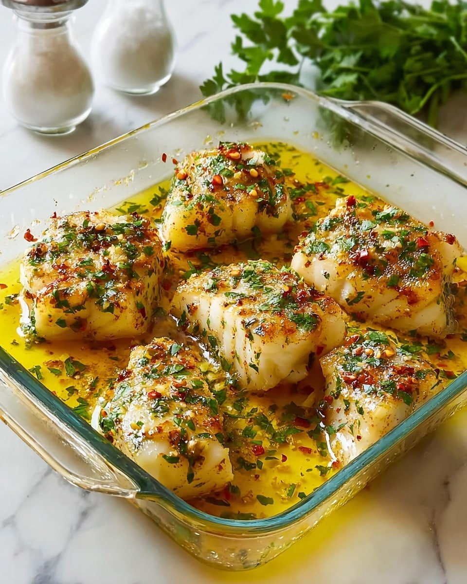 The image shows six pieces of white fish with a light golden crust on top, arranged in two rows inside a clear glass baking dish. Each piece is covered generously with finely chopped green herbs and red chili flakes, scattered evenly to add color and texture. A yellowish sauce, likely buttery with herbs and spices, surrounds the fish, filling the bottom of the dish and creating a glossy look. In the background, there is a bundle of fresh green parsley and two white containers, all placed on a white marbled surface. photo taken with an iphone --ar 4:5 --v 7