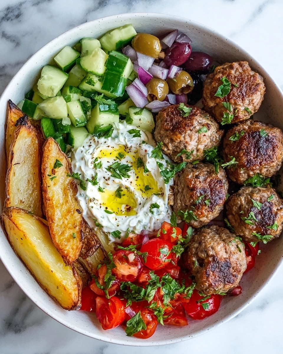 A bowl holds six browned meatballs lined up next to roasted potato wedges with a golden crust at the bottom left. In the center is a generous dollop of creamy white tzatziki sauce with green herbs mixed in, topped with a drizzle of olive oil. To the right, bright red tomato chunks sprinkled with chopped green herbs create a fresh layer. At the top right, there is a mix of black and brown olives with small bits of red onion. Bright green lettuce leaves and sliced cucumber pieces fill the top left, adding a fresh texture. All ingredients are arranged separately, showing their distinct colors and textures, on a white marbled surface. Photo taken with an iphone --ar 4:5 --v 7