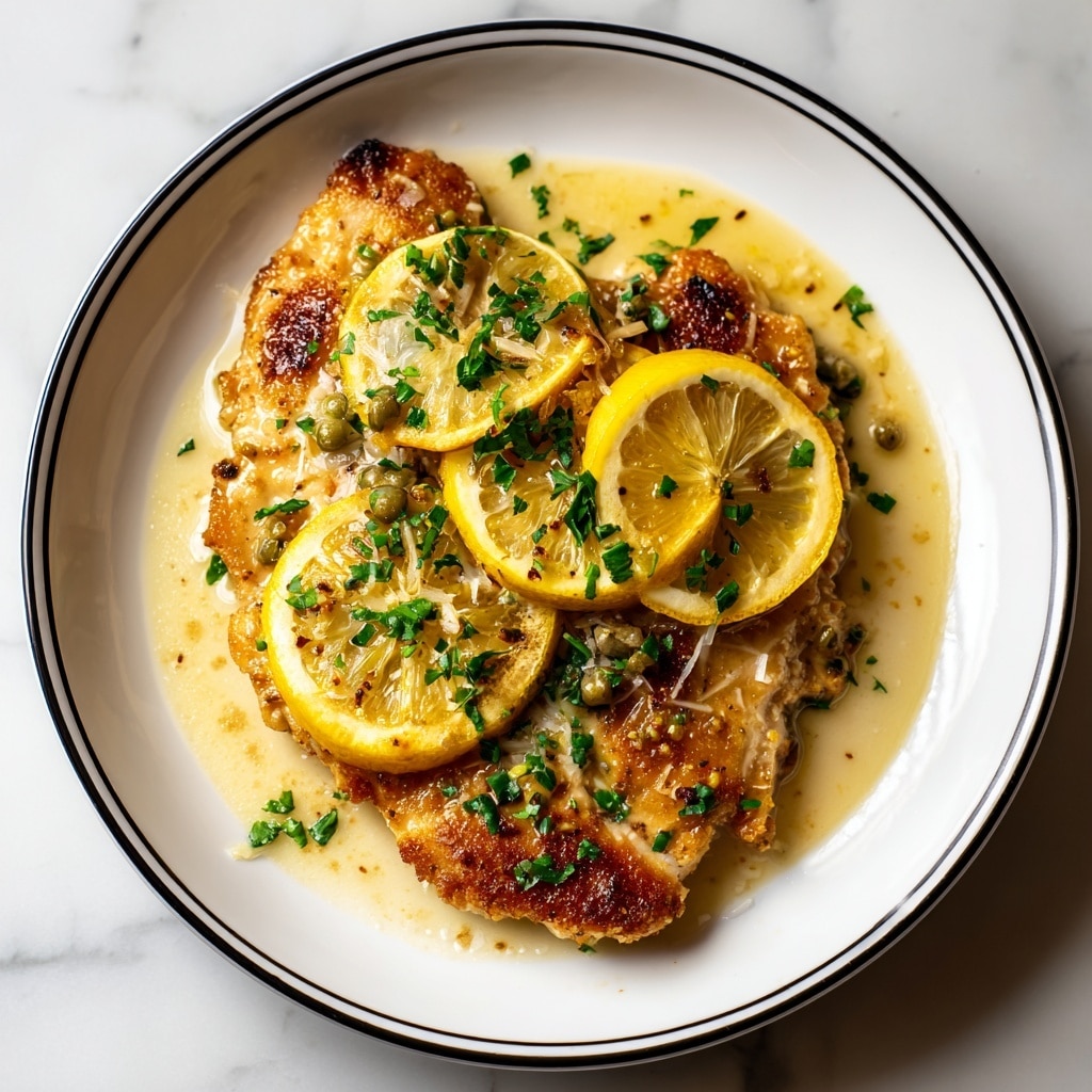 The image shows a close-up of a cooked chicken piccata dish in a white plate with a black rim, placed on a white marbled surface. The dish has one main layer of golden brown chicken breast pieces cooked with a melted light yellow cheese topping with slight browning and bubbly texture. On top of the chicken pieces, there are several thin, round slices of bright yellow lemon scattered evenly. Small green herb pieces are sprinkled over the chicken and lemon slices, adding a fresh touch. photo taken with an iphone --ar 4:5 --v 7