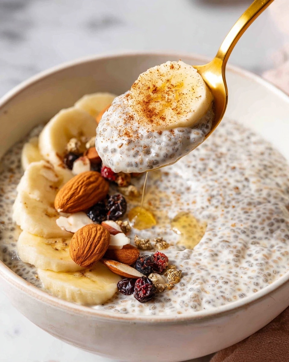 A white bowl filled with creamy chia pudding that has a grainy, thick texture speckled with tiny chia seeds, topped with a semicircle of pale yellow banana slices on the left side, sprinkled with brown cinnamon powder over the whole pudding. Scattered on top are a few mixed nuts including almonds and some small dark dried berries. A golden spoon is slightly lifted above the bowl holding a scoop of chia pudding along with one banana slice coated with cinnamon. The bowl sits on a white marbled surface. photo taken with an iphone --ar 4:5 --v 7