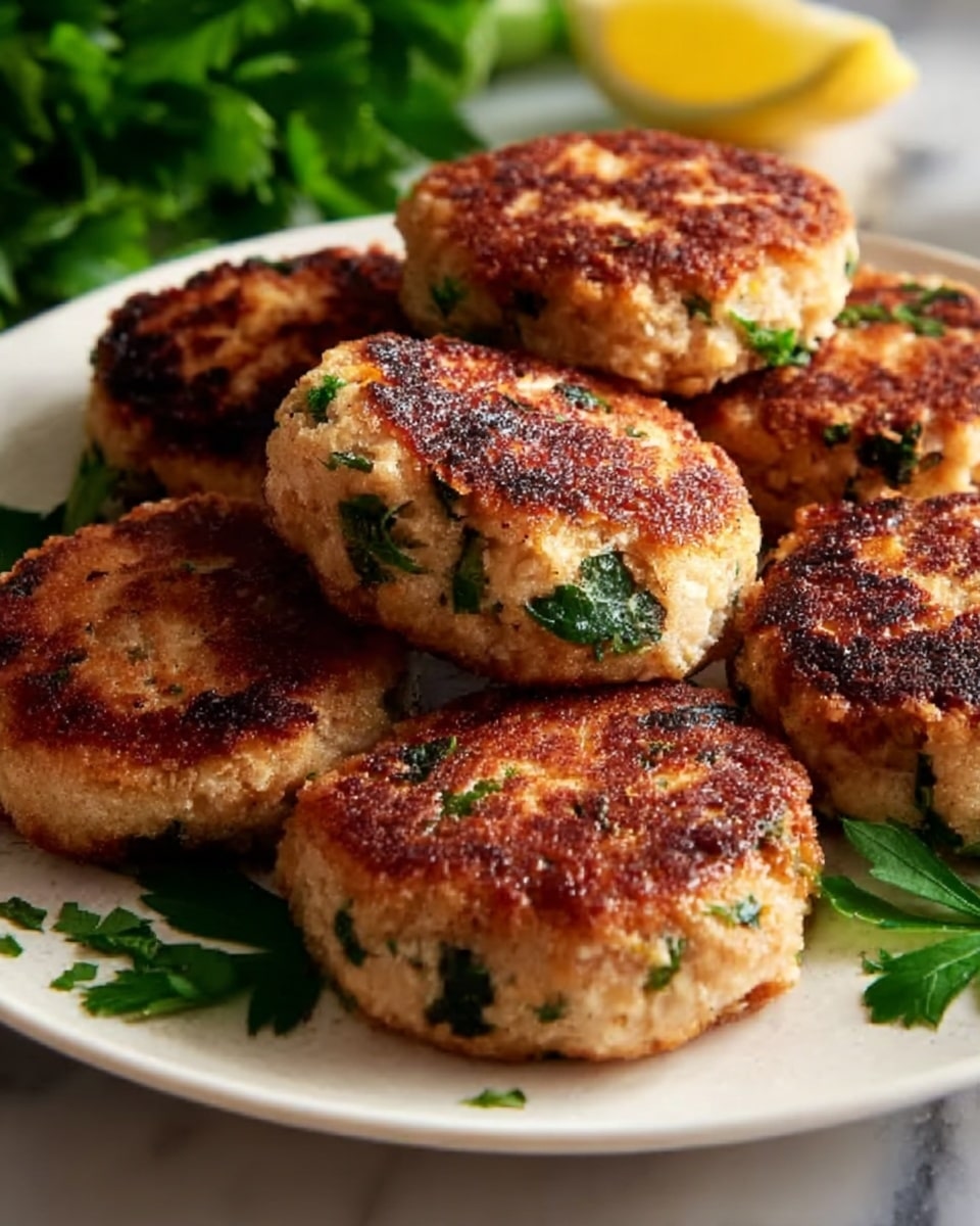 The image shows a white plate with six golden-brown, round patties that have small green herb pieces mixed inside. Each patty has a crispy, slightly charred surface with a rough texture, and the inside looks moist and tender. The patties are arranged close together on the plate, which sits on a white marbled surface. Photo taken with an iphone --ar 4:5 --v 7