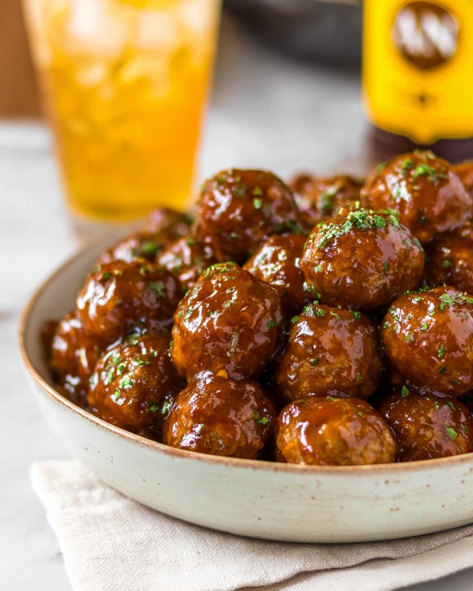 A close-up view of a shallow white bowl filled with multiple glossy, brown meatballs covered in a thick sauce. The meatballs are sprinkled with small green herb pieces, giving texture and color contrast. The bowl sits on a white cloth over a white marbled surface. In the blurred background, a glass of iced drink and a bottle with a yellow label can be seen. photo taken with an iphone --ar 4:5 --v 7