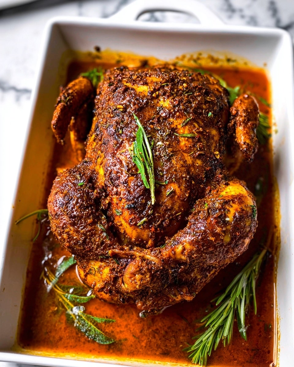 A close-up view of a whole roasted chicken placed in a white rectangular baking dish, showing crispy, dark golden-brown skin covered in a mix of herbs and spices. The chicken is nestled in a layer of reddish-orange oily sauce that pools at the bottom of the dish. Sprigs of fresh green rosemary are scattered around and inside the chicken cavity, adding a touch of color contrast. The dish sits on a white marbled surface visible in the blurred background. photo taken with an iphone --ar 4:5 --v 7