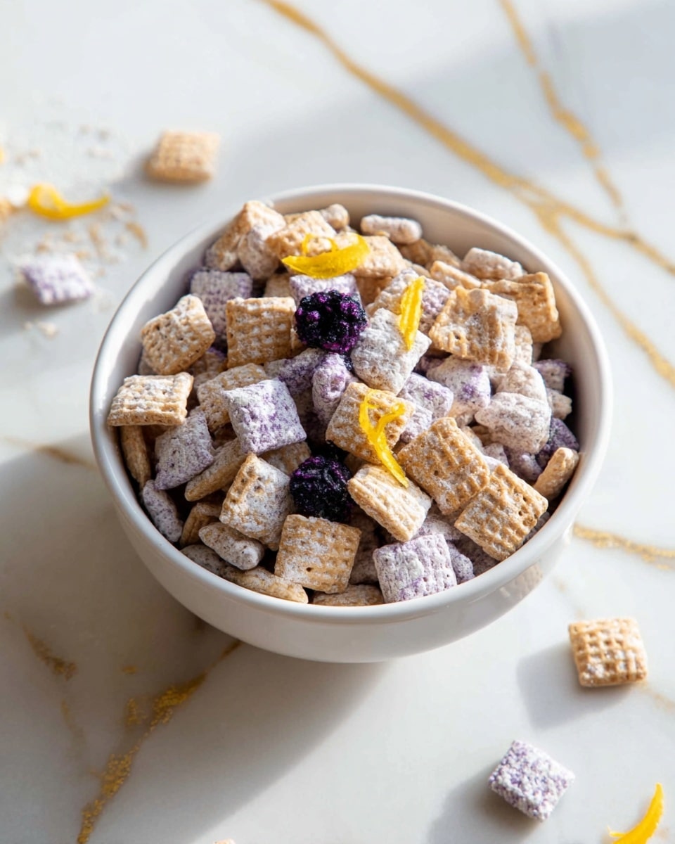 A white bowl filled with a mix of square cereal pieces layered with small waffle-textured light brown squares; the cereal pieces are coated in powdered sugar and splashed with purple from blueberries inside, some with visible whole blueberries and creamy white drizzle. Thin strips of yellow zest are scattered on top and around the bowl on a white marbled surface with gold veins. The cereal pieces have a powdery and crunchy texture, creating a colorful and inviting look. Photo taken with an iphone --ar 4:5 --v 7