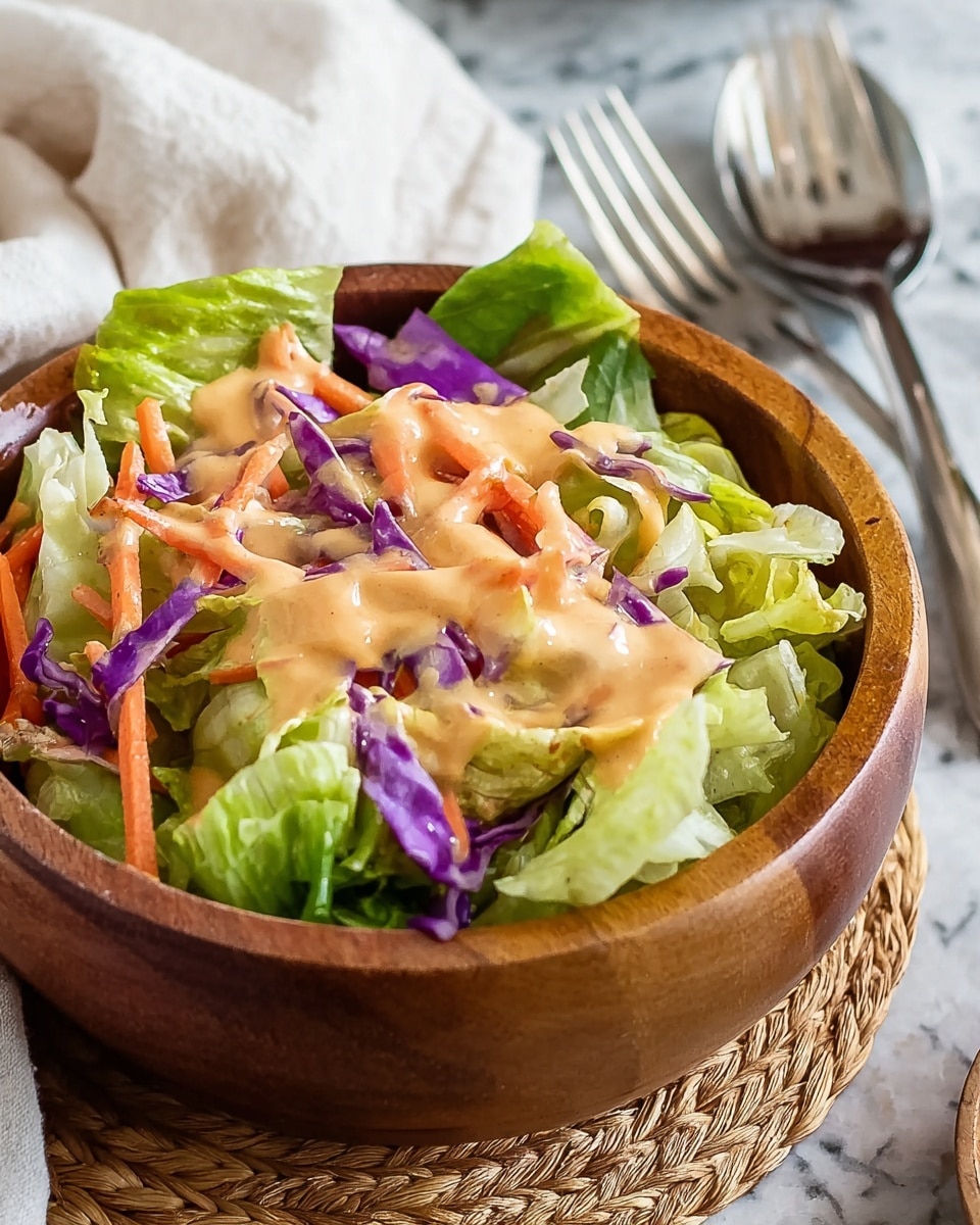 A wooden bowl filled with a fresh mixed salad resting on a white marbled surface, containing several layers: the bottom layer is light green and white chopped iceberg lettuce with slightly crinkled edges, the middle layer has shredded orange carrot strips and some pieces of purple cabbage, and the top layer is a creamy, light orange dressing drizzled unevenly over the salad, giving it a moist and glossy look. In the background, white cloth napkin and metal forks are partially visible. Photo taken with an iphone --ar 4:5 --v 7