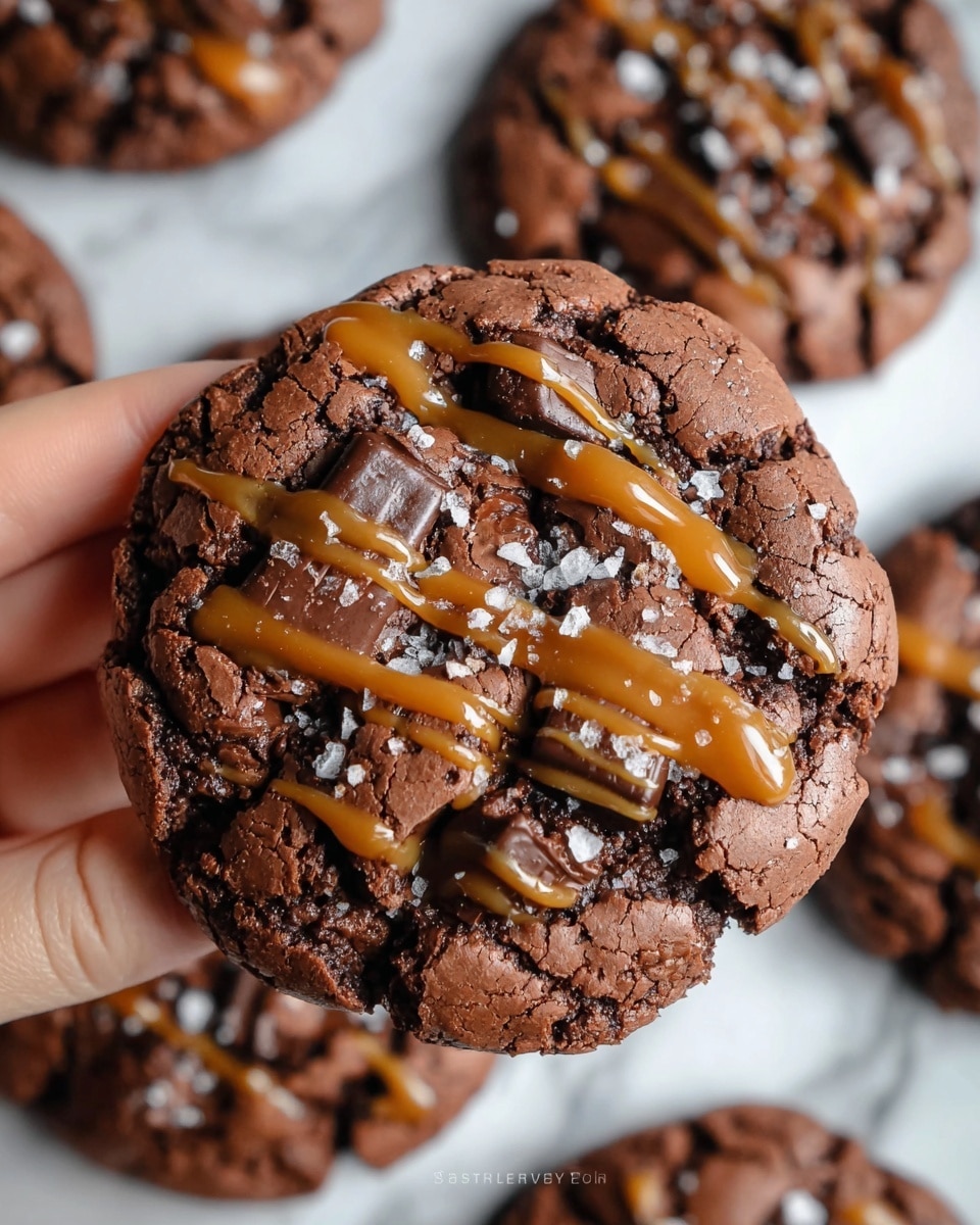 A close-up of a thick chocolate cookie held by a woman's hand, showing a cracked, rich dark brown surface dotted with large, shiny dark chocolate chips. The cookie is topped with light brown caramel drizzles and sprinkled with coarse white salt flakes, adding texture and contrast. More cookies with similar textures and toppings are blurred out in the white marbled background. photo taken with an iphone --ar 4:5 --v 7