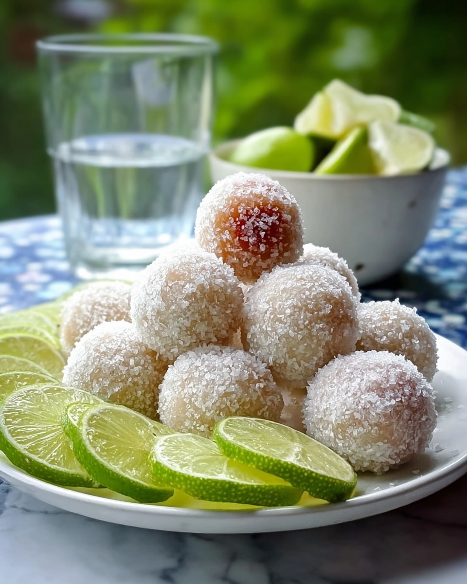 A stack of round balls covered in large white sugar crystals is placed on a white plate with a detailed blue pattern edge. The balls are off-white with one showing a slight reddish-brown tint through the sugar. Several fresh lime wedges with bright green and juicy interiors are scattered around the base of the stack. In the background, a small white bowl holds a sliced lime, set on a white marbled surface. The image is brightly lit and focused on the sugar-coated balls and lime slices. photo taken with an iphone --ar 4:5 --v 7