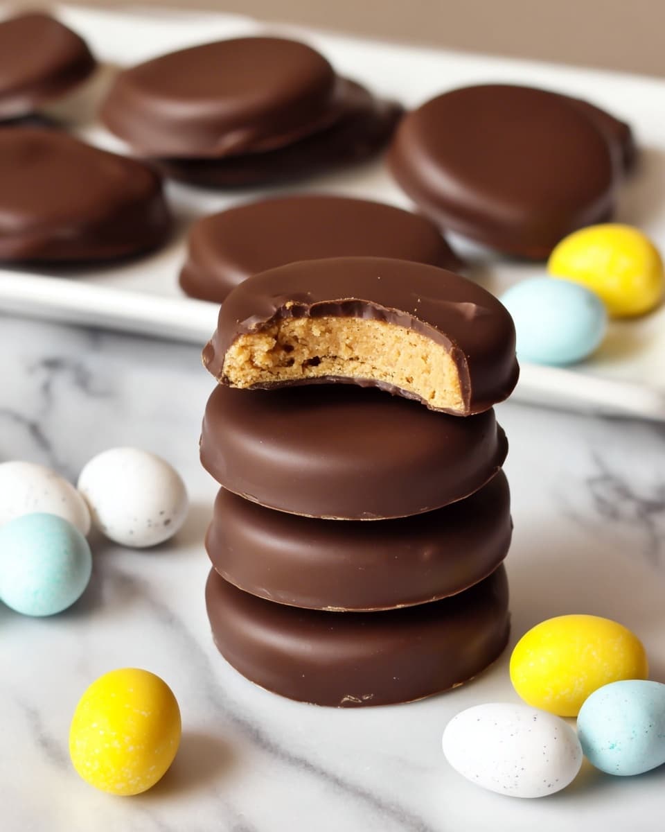 A stack of five round chocolate-covered treats sits on a white marbled surface, each with a smooth, glossy dark brown chocolate coating. The top piece has a bite taken out of it, revealing a light beige, crumbly inside with a slightly rough texture. In the background, more of these chocolate treats are arranged in a line on a white rectangular plate. Scattered around the chocolates are small pastel-colored candy eggs in shades of yellow, white, blue, and pale pink, adding pops of soft color to the scene. Photo taken with an iphone --ar 4:5 --v 7