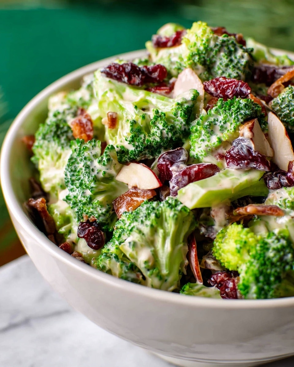 A white bowl filled with a colorful broccoli salad is shown against a green background, sitting on a white marbled surface. The salad has three main layers: the bottom and middle layer of bright green broccoli florets, mixed with chopped pale green celery pieces, and the top layer includes bright red dried cranberries and small pieces of crispy, reddish-brown bacon. All the ingredients are coated in a creamy, light-colored dressing that glistens slightly. The salad looks fresh and textured with crunchy and soft bits visible throughout. photo taken with an iphone --ar 4:5 --v 7