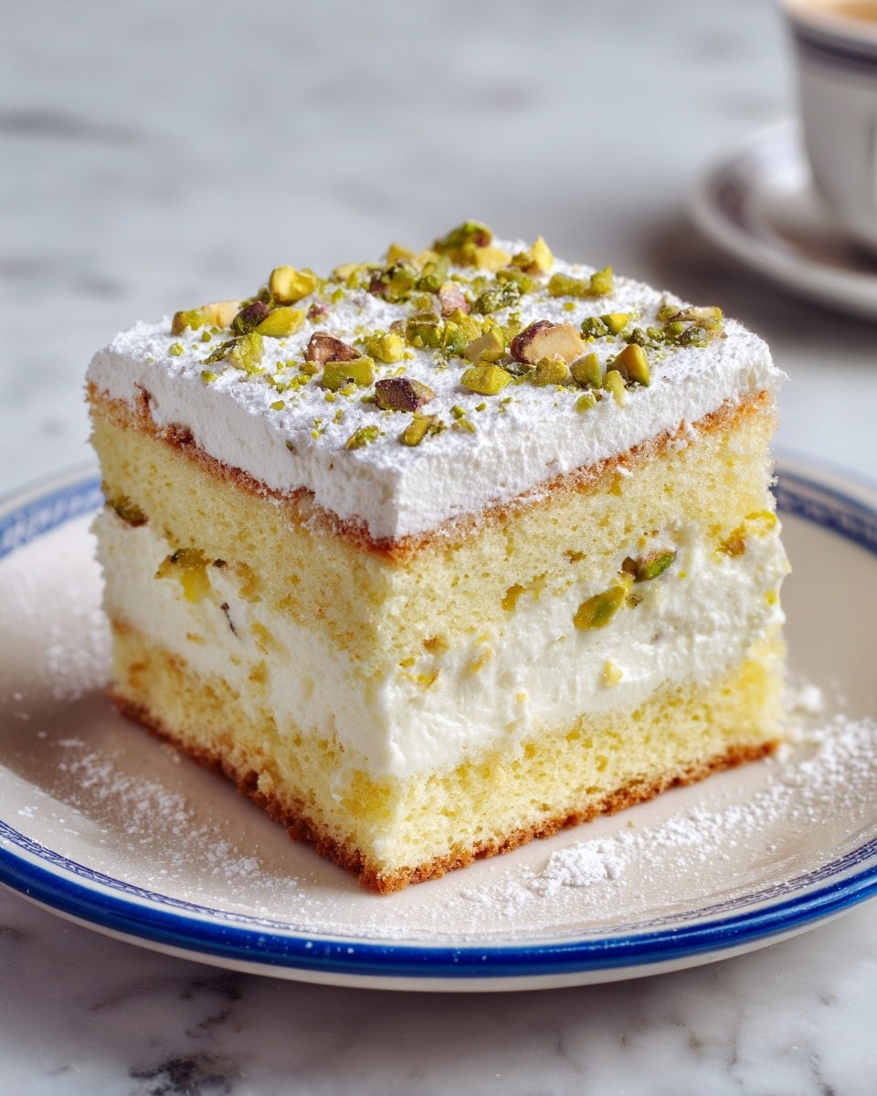 The image shows a close-up of a two-layer cake on a white plate with a soft blue and gold rim. The bottom and top layers are light yellow sponge cake, both looking moist and fluffy. Between these cake layers, there is a thick white cream layer, smooth and soft. On top of the cake, there is a thick layer of white cream that looks whipped and fluffy, sprinkled with small green and brown pieces of pistachios all over. The plate is set on a white marbled surface, and there are some powdered sugar dusted lightly around the plate edges for decoration. Photo taken with an iphone --ar 4:5 --v 7