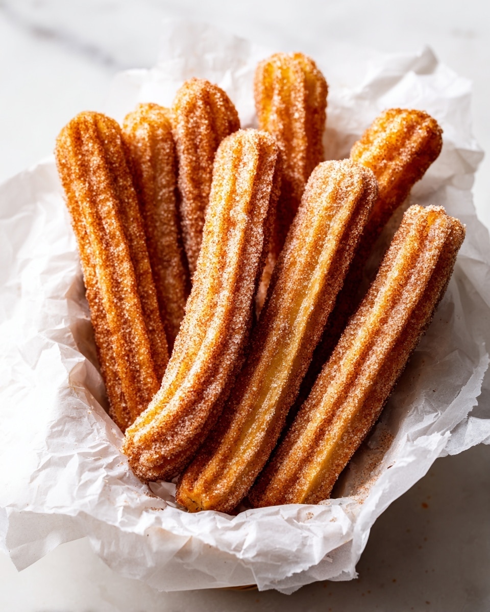 A basket lined with light brown parchment paper holds about seven golden-brown churros. Each churro shows a ridged, crispy texture coated evenly with cinnamon sugar, giving a slightly rough surface. The basket rests on a white marbled texture background, with visible churro trails of sugar dust around. The churros are positioned closely, five in the foreground and two slightly behind. photo taken with an iphone --ar 4:5 --v 7