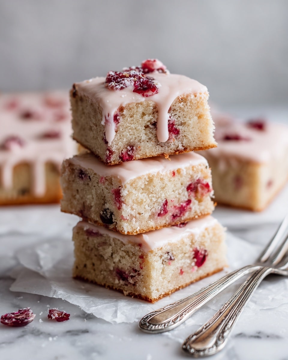 A stack of four square dessert bars is shown close-up, each bar consisting of three layers: a thick, light beige cake base with a moist but crumbly texture, a middle layer with visible chunks of red fruit evenly spread, and a thin, smooth layer of pale pink icing on top. The bars are stacked unevenly on a piece of white parchment paper. Two silver dessert forks lie in front of the stack on a white marbled surface. The colors are soft, with a homemade, fresh look. photo taken with an iphone --ar 4:5 --v 7