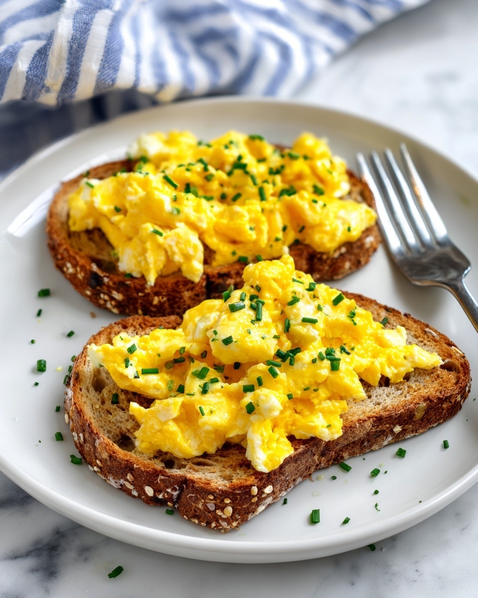 Two pieces of whole grain toast with a rough texture and seeds on the crust lie on a white plate. Each toast is topped with a thick layer of soft, creamy scrambled eggs that are bright yellow with small bits of green herbs sprinkled on top. A silver fork rests on the plate near the toast, and the background is a white marbled surface with a striped cloth partially visible. Photo taken with an iphone --ar 4:5 --v 7
