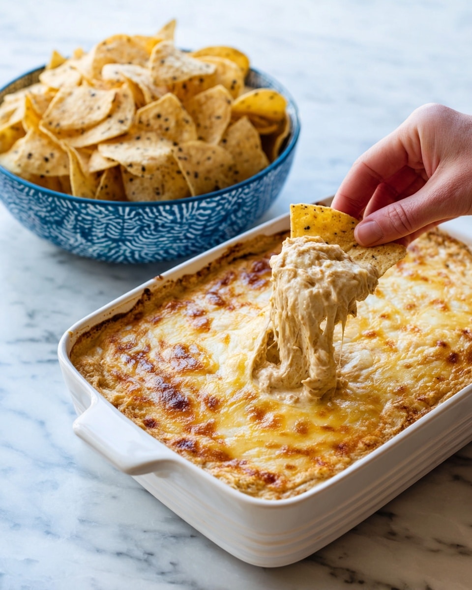 A rectangular brown ceramic dish filled with a layered cheesy bean dip, showing two distinct layers: the bottom layer is smooth and light brown, likely bean-based, and the top layer is a thick, melted blend of yellow and white cheeses, bubbling slightly. A woman's hand is pulling a triangular light beige tortilla chip that is covered in stretchy melted cheese from the dish. To the right side, a white bowl with blue patterns inside is filled with more of the same light beige tortilla chips scattered and overlapping. The dish and bowl rest on a white marbled surface. Photo taken with an iphone --ar 4:5 --v 7