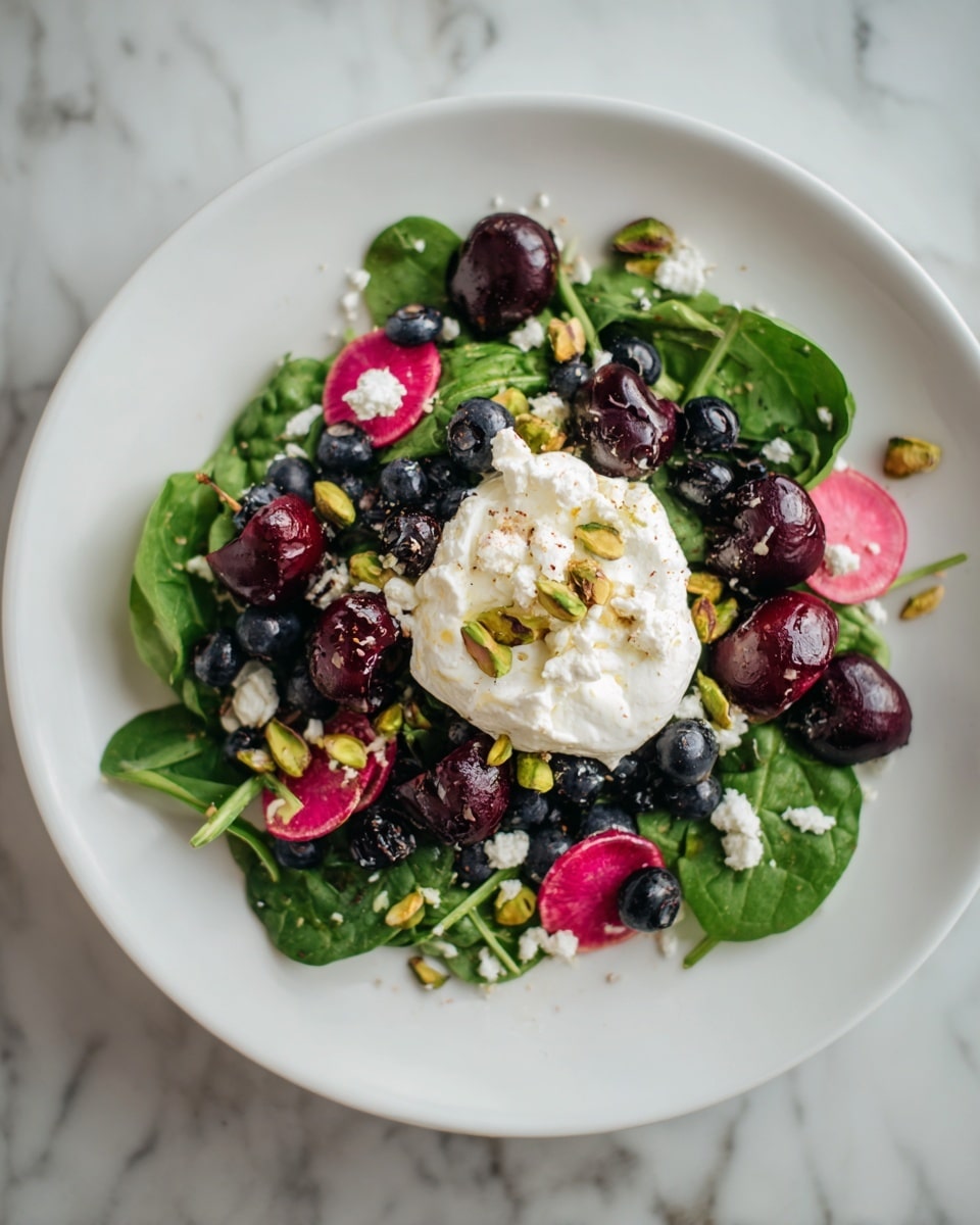 A fresh salad served in a deep white plate on a white marbled surface, featuring a base layer of bright green baby spinach leaves scattered evenly. On top, there are clusters of dark blue blueberries and dark red cherries, adding bold color contrast. Creamy white dollops of cheese sit between the fruits, topped with scattered green pistachio nuts that add texture and a nutty tone. Small pieces of pink sliced radish and a sprinkle of finely grated white cheese or crumbles are spread lightly over the entire dish, creating a fresh and colorful mix with varied textures. photo taken with an iphone --ar 4:5 --v 7