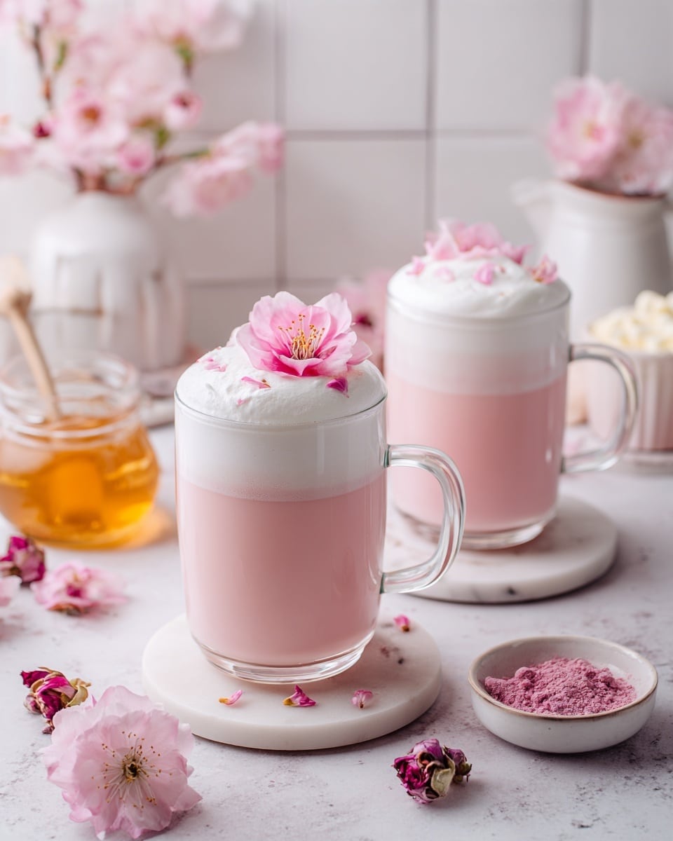 Two clear glass mugs each hold a Cherry Blossom Sakura Latte with a base layer of soft pink liquid filling most of the mug, topped with a thick, creamy white foam layer. Each foam layer is garnished with delicate pink cherry blossom petals and a whole cherry blossom flower at the center. The mugs sit on small white marble coasters placed on a white marbled surface, surrounded by loose pink cherry blossoms and dried cherry blossoms. In the background, a small white bowl with foam and a clear bowl with a golden liquid, along with a large bunch of fresh pink cherry blossoms, create a soft, floral atmosphere. photo taken with an iphone --ar 4:5 --v 7