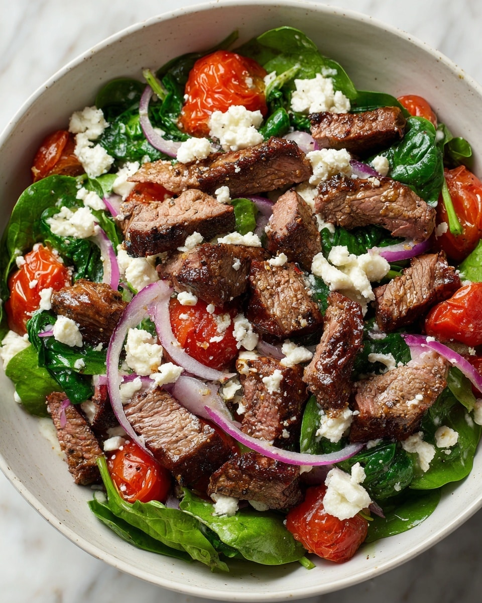A white bowl filled with a fresh salad showing three main layers: the bottom layer contains bright green spinach leaves forming a leafy base, the middle layer has grilled brown pieces of steak and slices of purple red onion scattered evenly, and the top layer is made up of small white crumbles of cheese and roasted red cherry tomatoes, some slightly charred, adding color contrast. The salad looks fresh and colorful, arranged casually but clearly showing each ingredient. The bowl sits on a white marbled surface. photo taken with an iphone --ar 4:5 --v 7