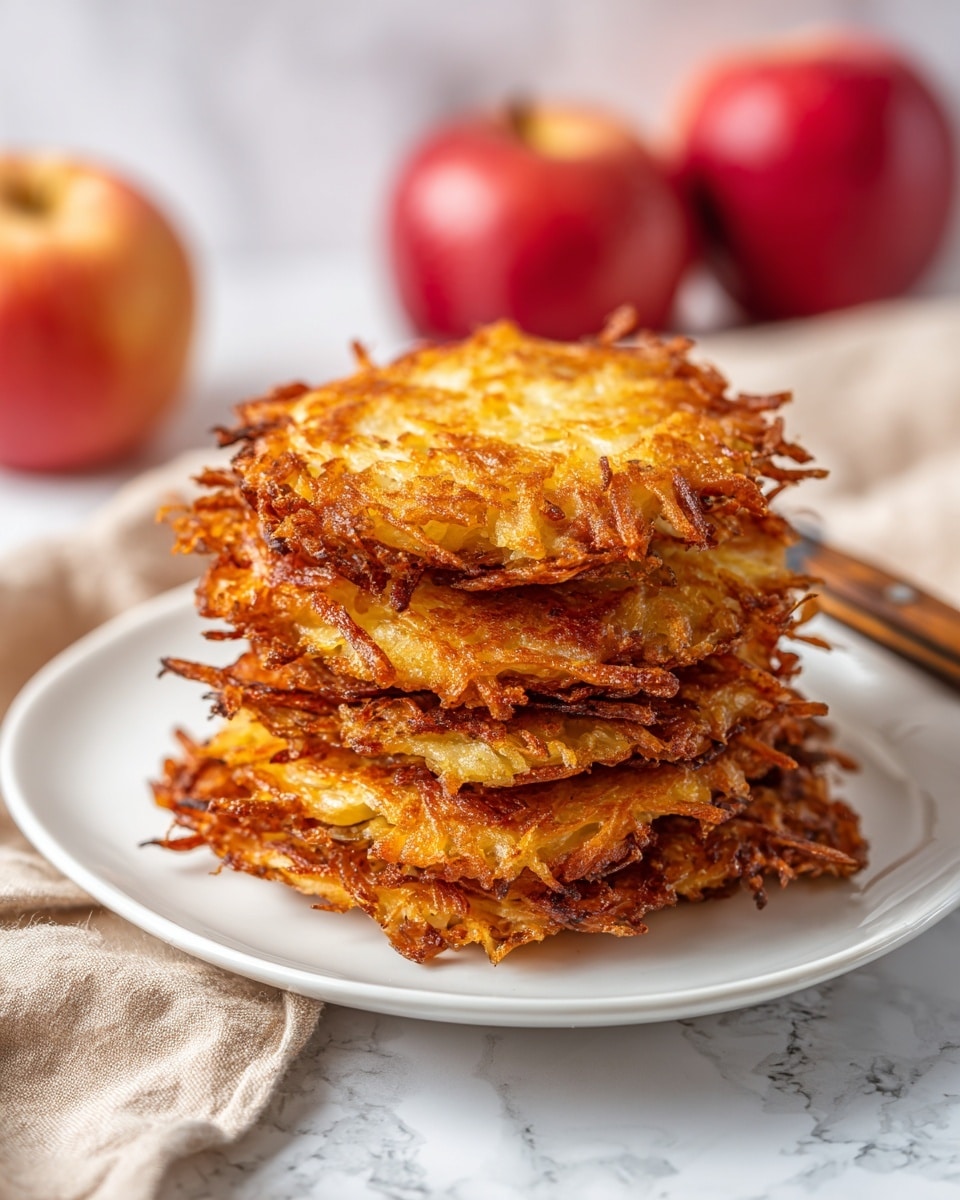 A white shallow plate holds a stack of five golden brown, crispy hash brown patties, each layer showing thin, shredded potato strands cooked to crunchy edges, with a slightly lighter golden center. The stack is placed on a white marbled wood surface, with a beige and white striped cloth nearby. In the blurred background, two red apples and a round potato pie with a crispy, browned top are visible on a dark plate. Photo taken with an iphone --ar 4:5 --v 7
