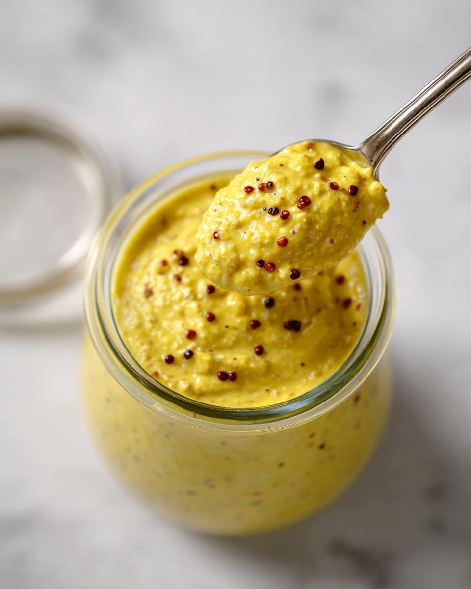 A close-up view of a clear glass jar filled with thick yellow mustard that has small dark and red mustard seed bits scattered throughout, giving it a textured and slightly chunky look, with a smooth spoon lifting a dollop of the mustard from the jar, showing its creamy and slightly glossy consistency. The jar is set on a white marbled surface, and the metal lid is placed nearby in the background. photo taken with an iphone --ar 4:5 --v 7