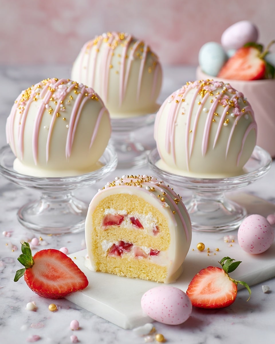 The image shows five round white chocolate-covered cakes with pink drizzle and small golden and pink sprinkles on top. One cake is cut open, revealing three layers: a light yellow sponge cake on the bottom, a thick pink strawberry cream layer with visible chunks of strawberry in the middle, and a white chocolate shell covering it all. The cakes are arranged on clear glass cake stands and a white marbled surface with colorful pastel candy eggs scattered around. A whole strawberry is placed in the background on a small round white stand, and a sliced strawberry sits on the surface near the cakes. Photo taken with an iphone --ar 4:5 --v 7