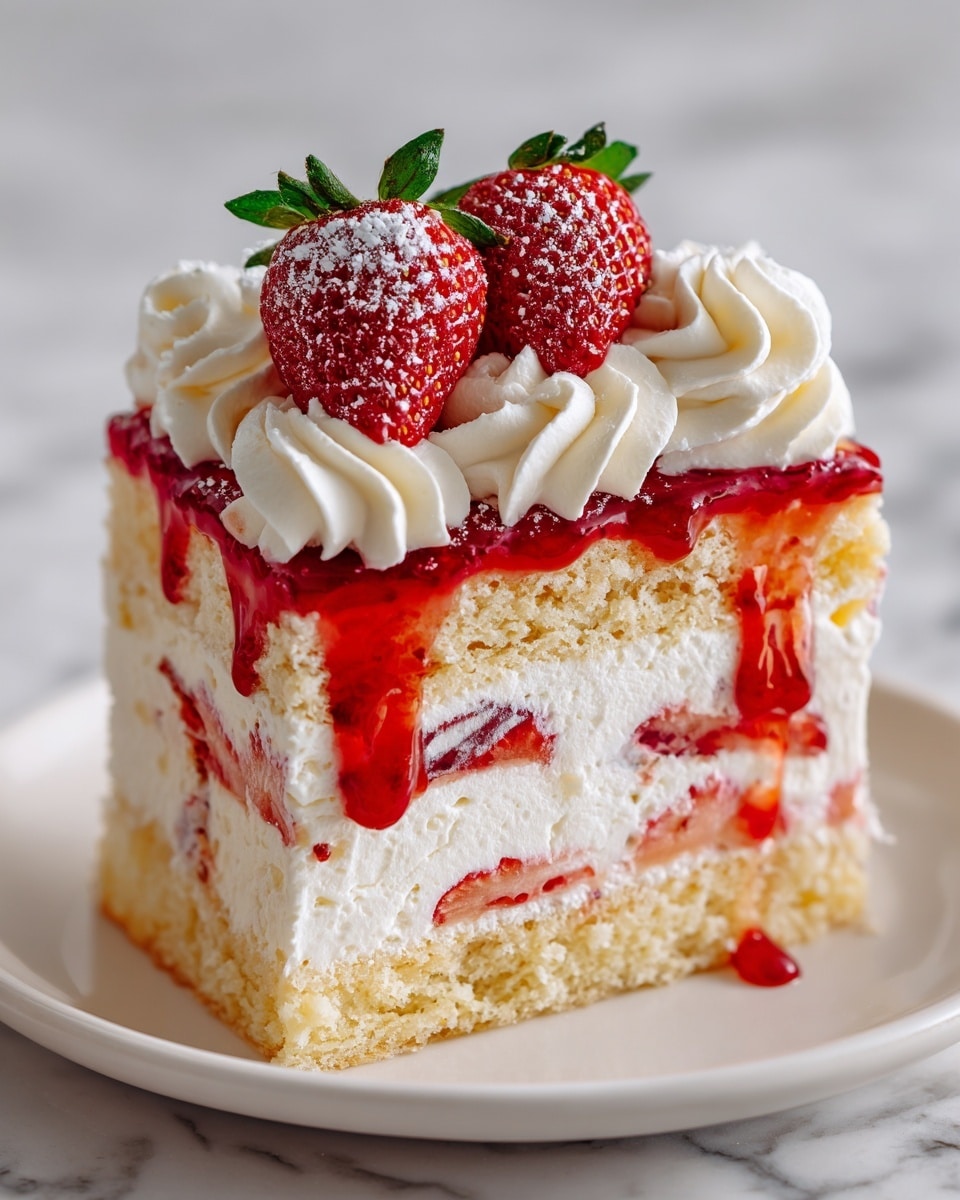 A slice of strawberry shortcake sits on a white plate with a crumbly light golden cake base, topped by a thick, fluffy white cream layer with bits of strawberry mixed in. Above this is a glossy, bright red strawberry sauce dripping slightly down the sides. The top layer is decorated with white swirls of whipped cream, crowned by two fresh, whole strawberries with green leaves, dusted lightly with powdered sugar. The background shows a blurred white marbled texture with hints of out-of-focus strawberries. Photo taken with an iphone --ar 4:5 --v 7