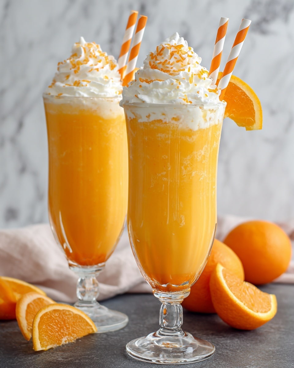 The image shows two tall, clear glasses filled with a bright orange drink. Each glass has three layers: the bottom layer is the clear, bright orange liquid, the middle layer is a thin, foamy white layer, and the top layer is a swirl of white whipped cream sprinkled with small golden sugar crystals. A white paper straw with orange stripes is placed inside each drink. The glasses have long stems and are placed on a wooden surface with a blurred dark wood background. photo taken with an iphone --ar 4:5 --v 7