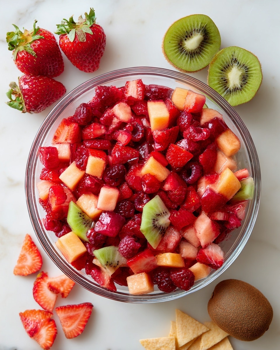 A clear glass bowl filled with three main layers of finely chopped fresh fruit: pale pink melon pieces, bright red strawberries cut into small squares, and deep red raspberries, all mixed together and slightly glossy with juice. The bowl sits on a white marbled surface with scattered whole strawberries, one sliced in half showing its vibrant red inside with green leaves, along with brown crackers placed beside the bowl. In the background, whole and sliced kiwi fruits with bright green flesh and black seeds are partially visible, adding more color to the scene. photo taken with an iphone --ar 4:5 --v 7