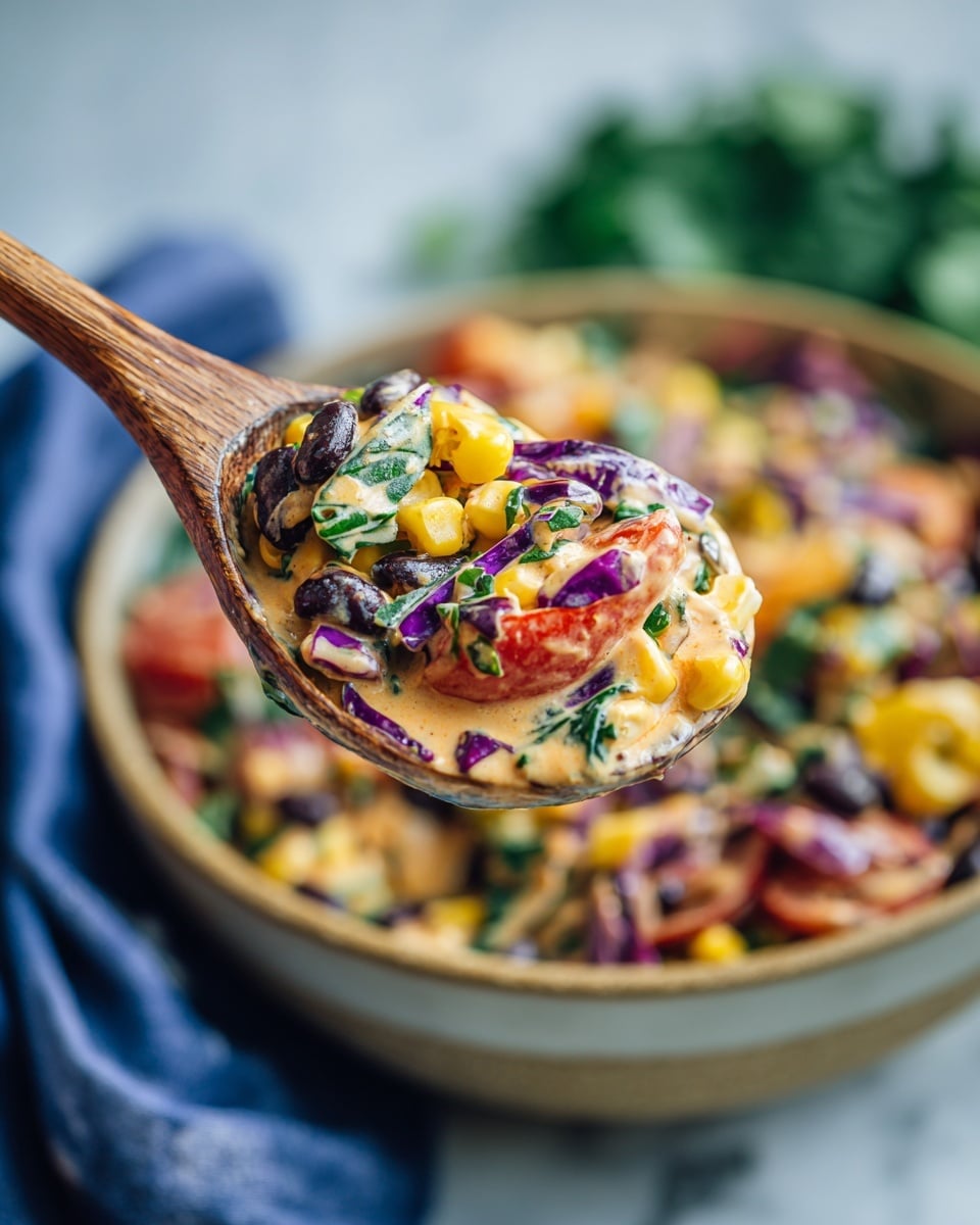 A close-up view of a wooden spoon holding a colorful, creamy salad made up of three main layers: the base layer of small, creamy pasta pieces mixed with a light orange sauce; the middle layer consisting of bright yellow grilled corn kernels, black beans, and chopped red tomatoes; and the top layer dotted with fresh green herbs and cabbage shreds, all mixed together in a thick, creamy dressing. The background shows a white marbled surface with a blurred white bowl filled with more salad and a dark blue cloth underneath. The textures range from smooth creamy sauce to slightly crunchy grilled vegetables. photo taken with an iphone --ar 4:5 --v 7