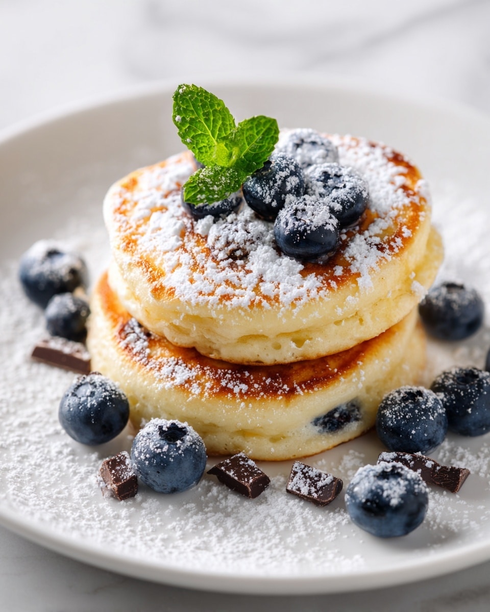 A white plate is filled with two stacked layers of small, round golden-brown mini pancakes that have light fluffy textures and slightly crispy edges. Scattered on top and around the base of the pancakes are plump, dark blue blueberries and small pieces of dark chocolate chunks. A light dusting of white powdered sugar is sprinkled over the entire dish, adding a fine, snowy touch. A small green mint leaf is placed on top as a fresh garnish. The plate sits on a white marbled surface. photo taken with an iphone --ar 4:5 --v 7