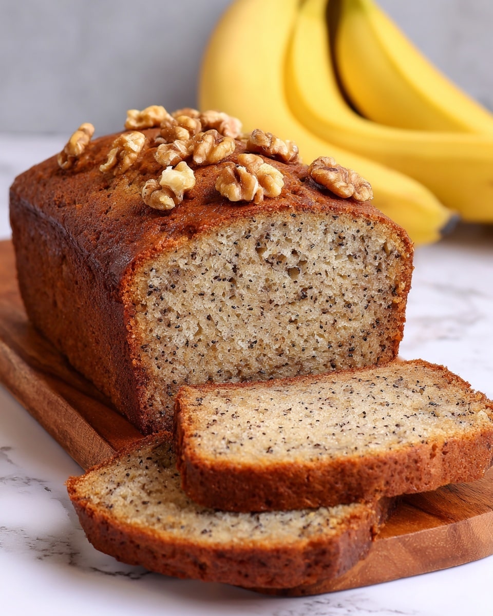 A loaf of banana bread is shown on a wooden board with two thick slices cut and placed in front. The bread has a light brown, moist inside with small dark specks evenly spread throughout, giving it a soft texture. The top layer is darker brown with a rough texture and is decorated with walnut halves scattered on top. In the background, two whole yellow bananas are slightly blurred. The scene is set on a white marbled surface. photo taken with an iphone --ar 4:5 --v 7
