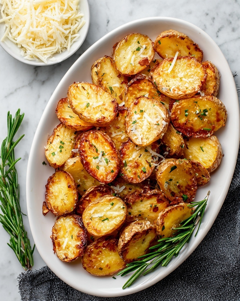 A white oval plate filled with about three layers of golden roasted potato halves, each piece showing a crispy browned texture with some softer yellow insides visible, scattered with small green parsley leaves for color contrast. The potatoes cover the entire plate, and a few sprigs of fresh rosemary and thyme lie at the bottom right of the plate next to the potatoes. The plate sits on a white marbled surface, with some kosher salt flakes and parsley scattered around. A small white bowl filled with grated cheese is placed near the top left of the plate, and a dark gray textured cloth is partially visible on the right side of the image. photo taken with an iphone --ar 4:5 --v 7