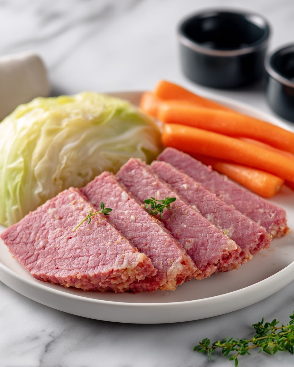 The image shows a white plate with three thick slices of pinkish-red corned beef placed diagonally at the center with some small thyme leaves on top. Behind the meat, there is a leafy pale yellow cabbage portion, slightly translucent and soft in texture. To the right side of the cabbage, there are several bright orange cooked baby carrots standing upright. The plate sits on a white marbled surface with two small black containers blurred in the background. Photo taken with an iphone --ar 4:5 --v 7