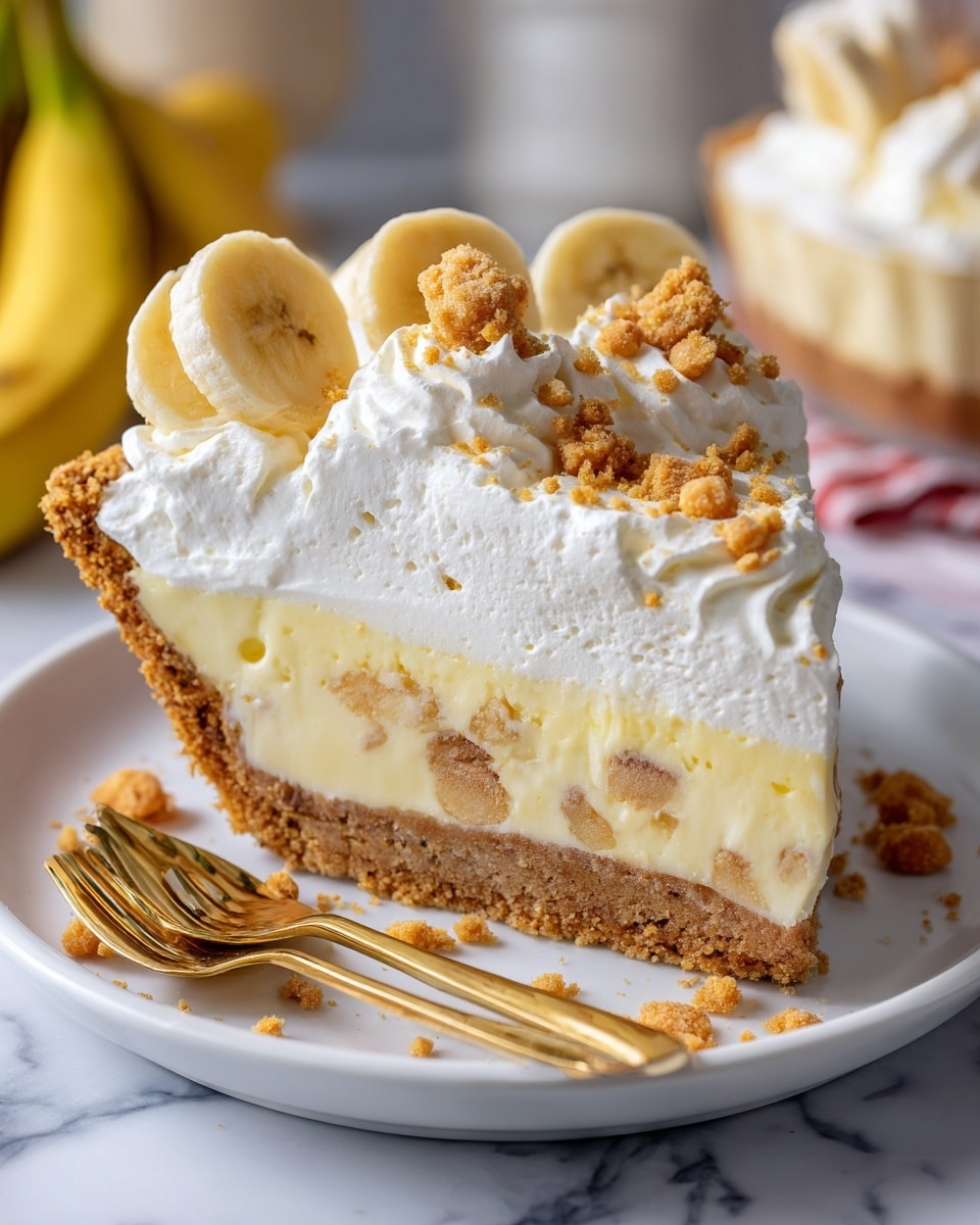 The image shows a close-up of a slice of banana cream pie on a white plate. The pie has three visible layers: at the bottom, a crumbly light brown crust; in the middle, a thick, creamy pale yellow filling with bits of crumbly crust inside; on top, a thick, fluffy white whipped cream layer covered with crushed crumbs and chopped nuts. The pie is garnished with three rings of fresh banana on the top layer. The background is a white marbled surface with blurred yellow bananas in the back. A golden spoon rests beside the pie on the plate. Photo taken with an iphone --ar 4:5 --v 7
