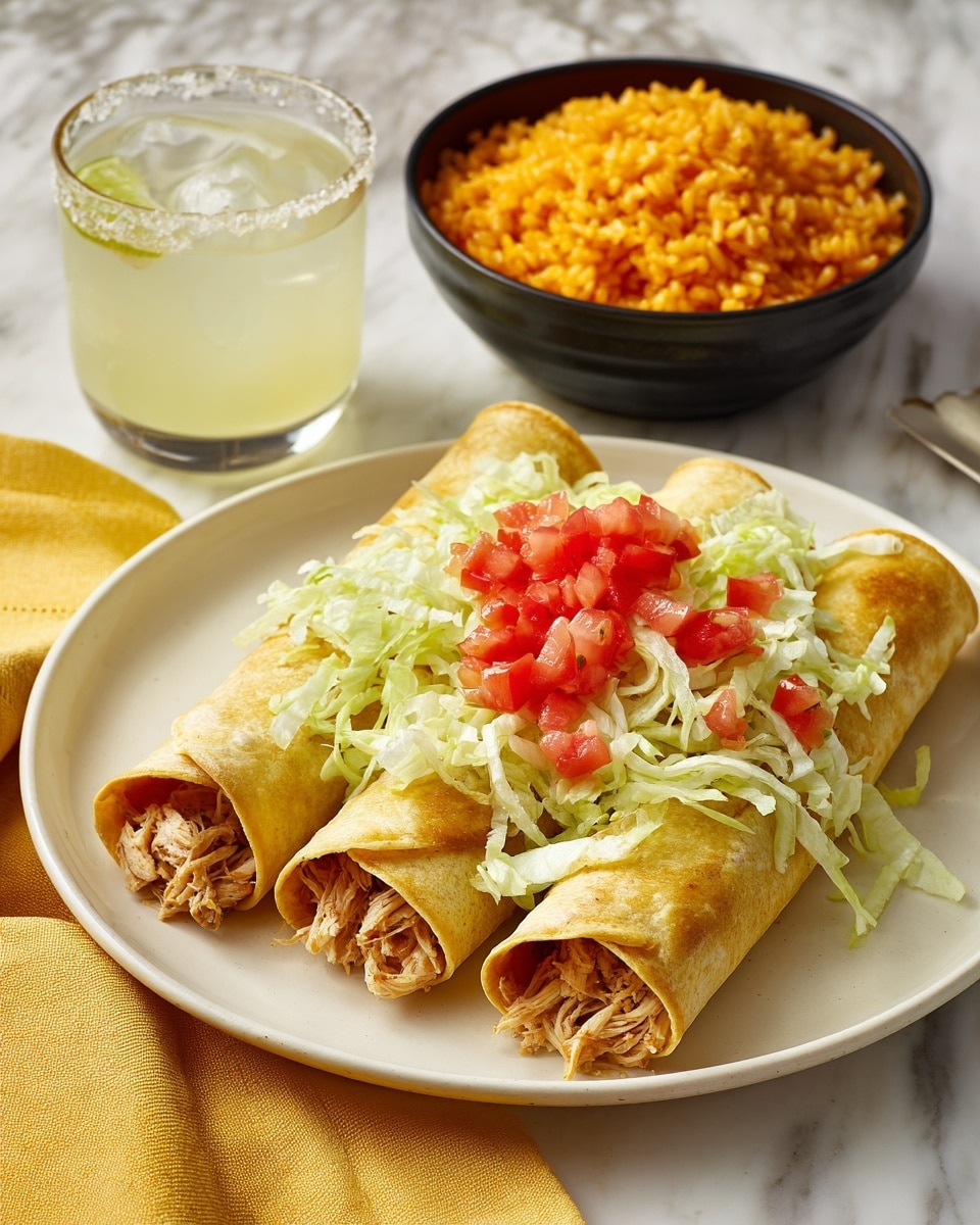 Three folded golden-brown, crispy tortillas lie side by side on a white plate, each filled with juicy shredded chicken visible from the open ends. On top of the tortillas is a fresh layer of shredded light green lettuce, crowned with small bright red diced tomato pieces at the center. To the upper right, a black pot filled with vibrant yellow rice sits on a white marbled surface, and to the upper left, there is a clear glass filled with pale yellow, ice-cold lemonade with a salted rim. A soft yellow cloth is placed under the glass on the white marbled background. photo taken with an iphone --ar 4:5 --v 7