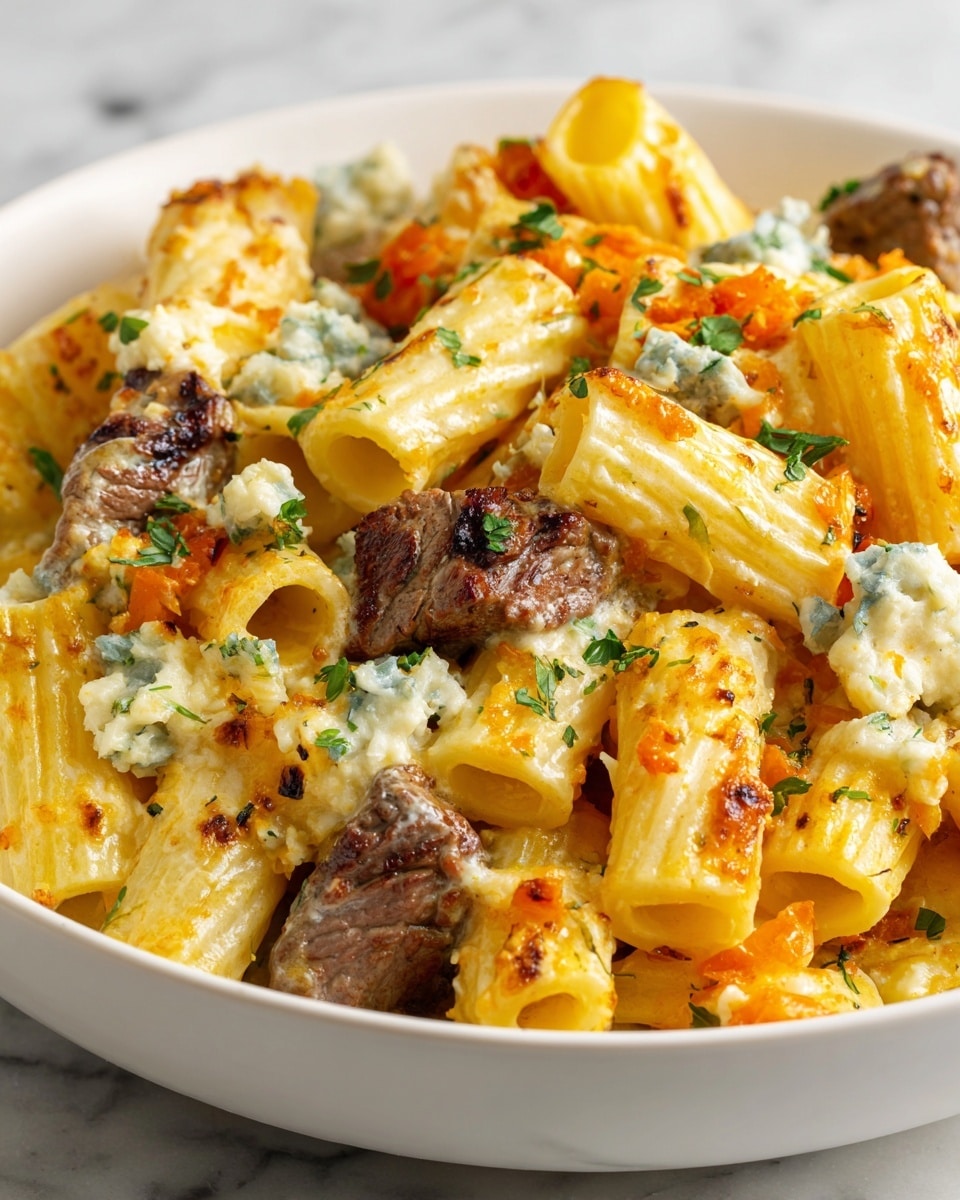 A close-up of a pan filled with rigatoni pasta layered with creamy white cheese sauce at the bottom, topped with browned, textured chunks of beef with slight grill marks scattered evenly. Small pieces of bright orange carrot and crumbles of blue cheese are mixed throughout, along with green parsley leaves sprinkled on top for color contrast. The rigatoni pasta is pale yellow with ridges and appears coated with melted cheese. The pan is black and set on a white marbled surface. photo taken with an iphone --ar 4:5 --v 7