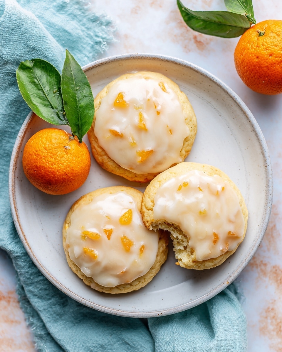 The image shows three soft cookies on a white plate with a light blue tint, placed on a white marbled surface. Each cookie has a light brown base with a smooth, pale orange icing layer on top. One cookie is broken in half, revealing a soft, crumbly inside with an orange tint that matches the icing. Next to the cookies, there is a whole small bright orange fruit with a green leaf attached, adding a fresh look. The setup is simple and bright, highlighting the soft texture and sweet glaze of the cookies. Photo taken with an iphone --ar 4:5 --v 7