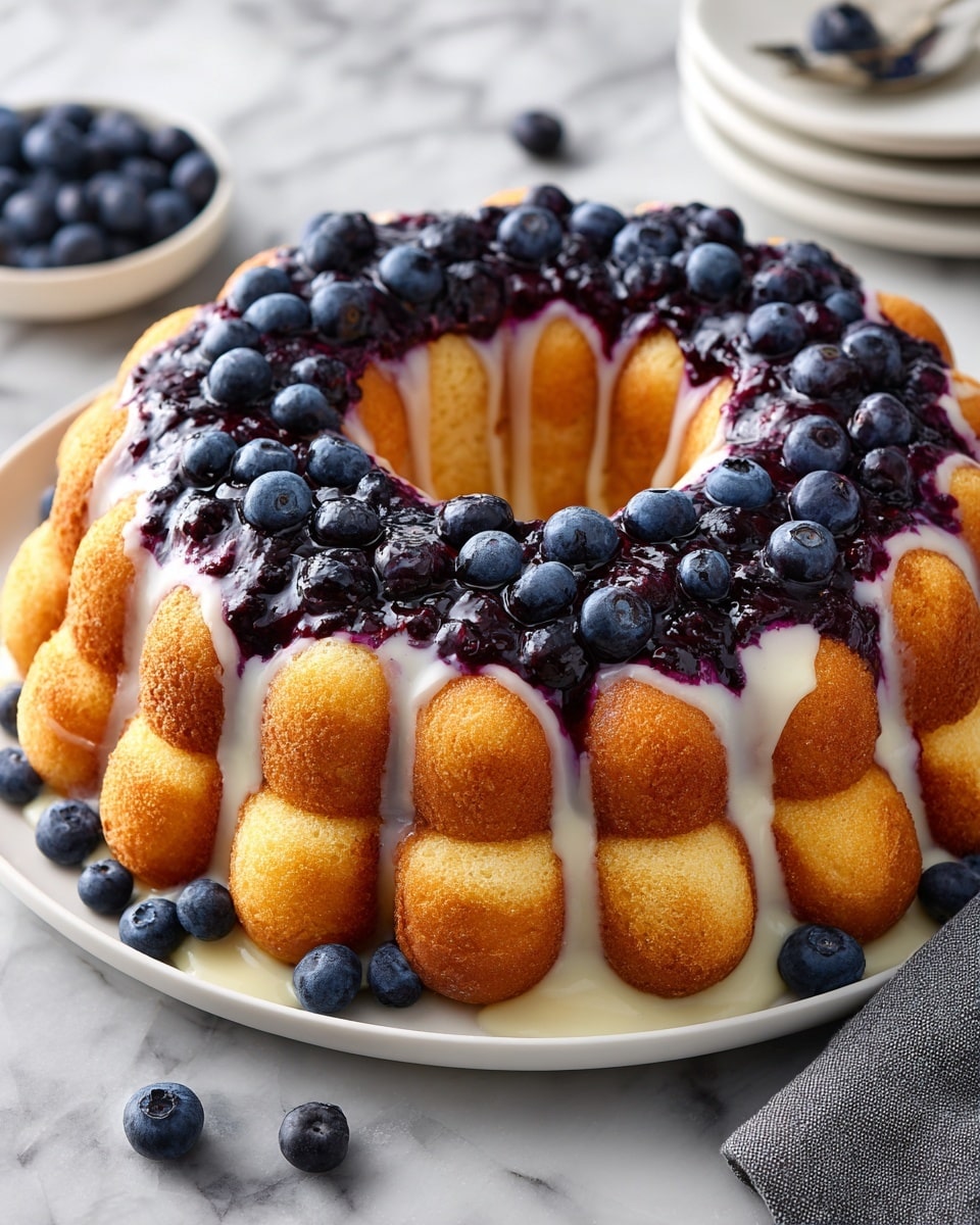 A round bundt cake with golden brown, slightly crispy outer cubed sections forms the base layer, topped with a layer of deep purple blueberry compote that fills the gaps between the cubes. Fresh, plump blueberries are scattered on top of the compote, adding a fresh blue color and smooth texture. A creamy, slightly translucent white glaze is drizzled over the blueberries and cake, creating a shiny, moist appearance. The cake sits centered on a white plate, placed on a white marbled surface with scattered blueberries and the edge of another white bowl visible nearby. photo taken with an iphone --ar 4:5 --v 7