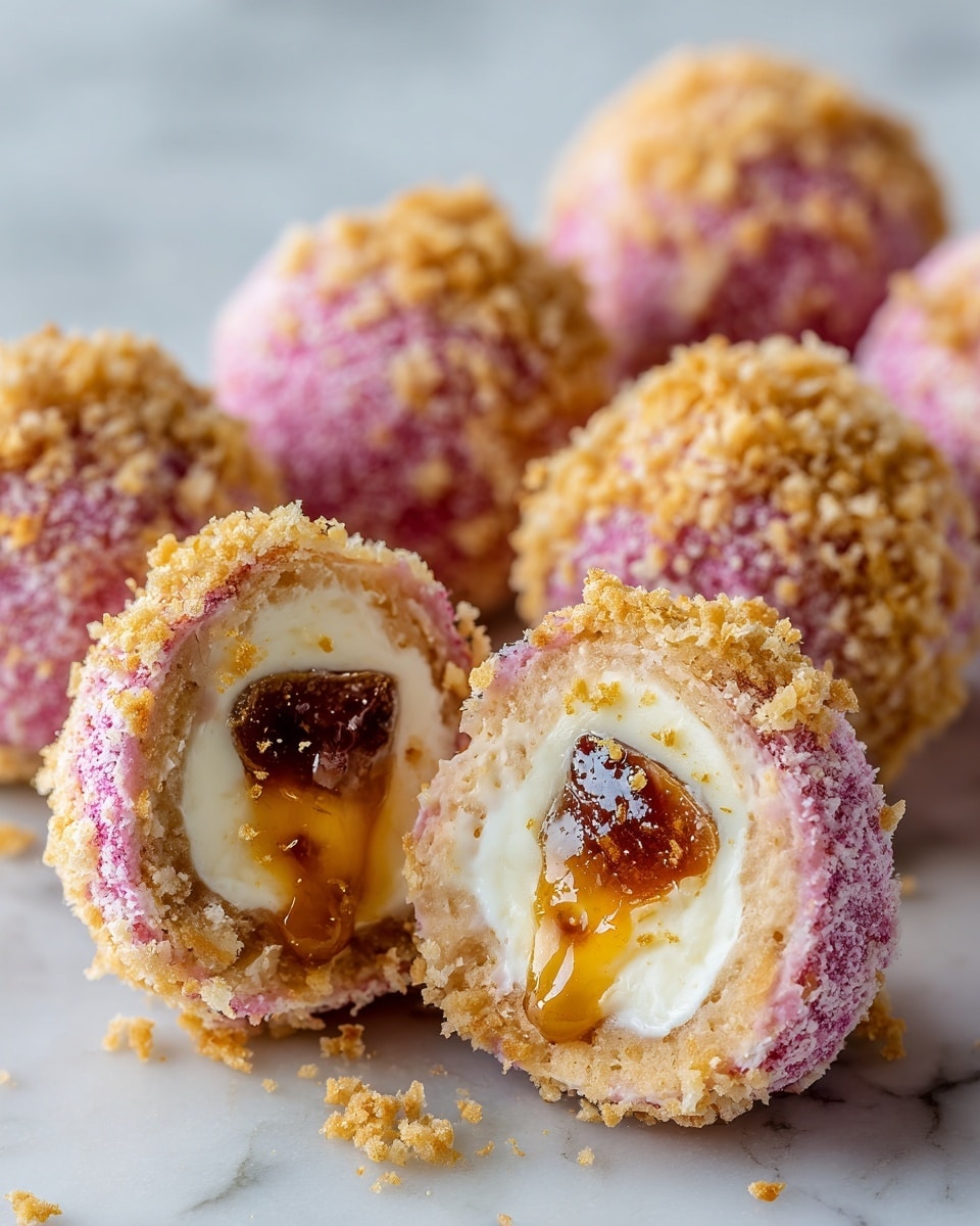 The image shows round dessert balls with three clear layers. The outer layer is shiny pink with small white flakes and golden crumb pieces sticking to it, giving a textured look. Inside, the middle layer is creamy white and smooth. The innermost layer contains small bits of red and golden crumb-like pieces embedded in the creamy center. The balls sit on a white marbled surface, with some crumbs scattered around, and one ball is split open to show the inside. Photo taken with an iphone --ar 4:5 --v 7