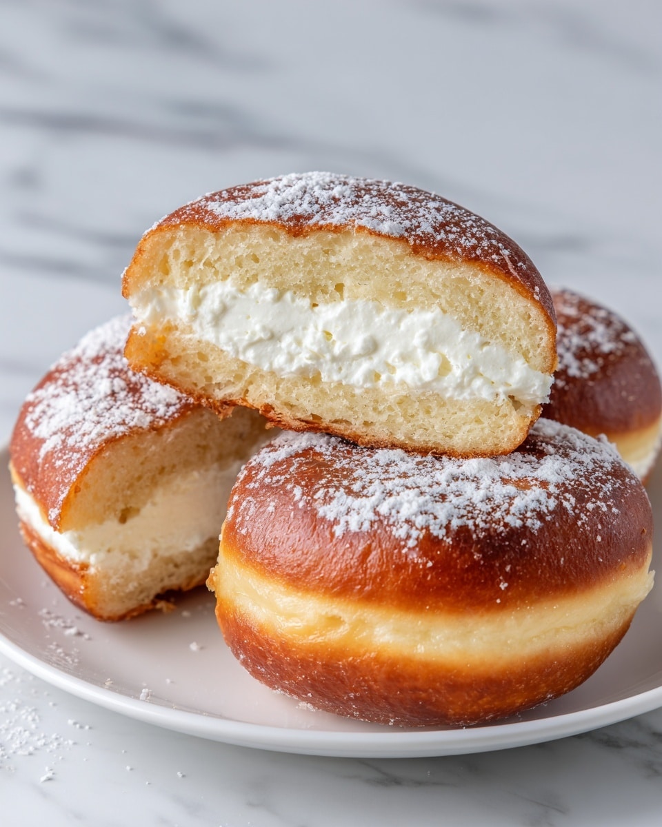 Two round doughnuts are cut in half and placed on a white plate, revealing a thick white cream filling inside. The doughnuts have a golden-brown outer layer with a soft, fluffy texture, lightly dusted with white powdered sugar on top. The cream inside looks smooth and dense, filling the center fully. The plate sits on a white marbled surface with soft lighting casting gentle shadows. photo taken with an iphone --ar 4:5 --v 7