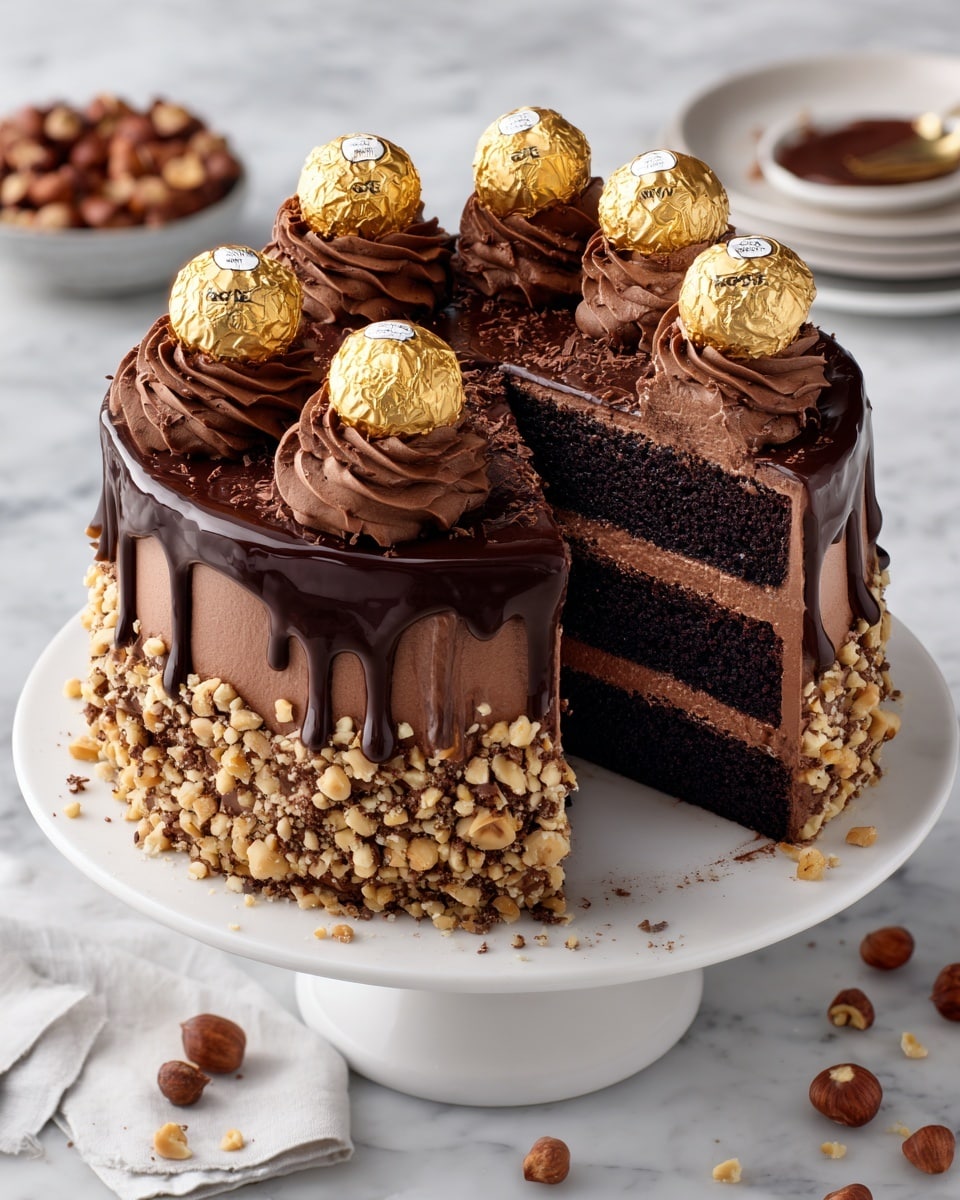 A three-layer chocolate cake sitting on a white cake stand with a smooth dark chocolate frosting covering the sides, decorated with chopped nuts pressed onto the bottom edge. The top of the cake has a shiny dark chocolate ganache dripping slightly over the edges. On top, twelve evenly spaced swirls of lighter chocolate cream are each topped with a round chocolate candy wrapped in gold foil. A slice is cut out from the cake, showing the dark chocolate cake layers separated by the lighter chocolate cream filling. The cake is on a white marbled surface with hazelnuts scattered around and a small white bowl of hazelnuts nearby. photo taken with an iphone --ar 4:5 --v 7