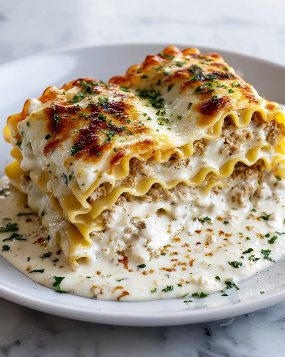 Two rolled lasagna pieces lie side by side on a white plate, each with a wavy-edged pasta layer on the outside. The top pasta layer is golden brown with melted cheese bubbling and crisp spots, sprinkled with finely chopped green herbs. Inside, there is a creamy white filling mixed with small pieces of light brown cooked chicken. Beneath and around the rolls, rich white creamy sauce with scattered herbs covers the plate. The plate rests on a white marbled surface. Photo taken with an iphone --ar 4:5 --v 7